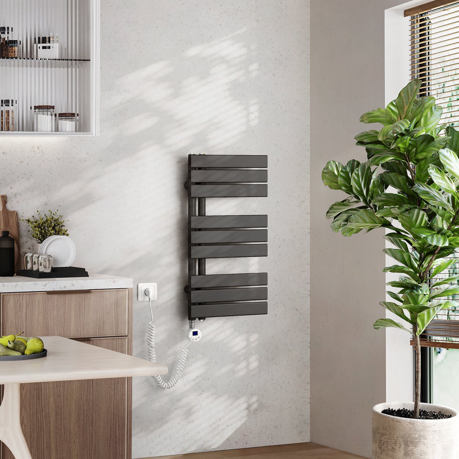 EMKE Elektrischer Badheizkörper EMKE Badheizkörper Elektrisch mit Thermostat Anthrazit, Elektrischer Panel Handtuchhalter inkl Heizstab mit timer