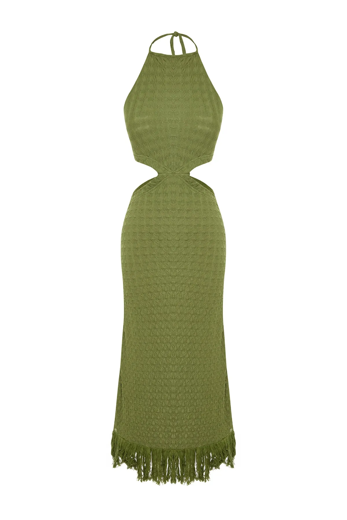 Trendyol Collection  Khakifarbenes, tailliertes, gestricktes Maxi-Strandkleid mit Ausschnitten/Fenstern TBESS23EL00154
