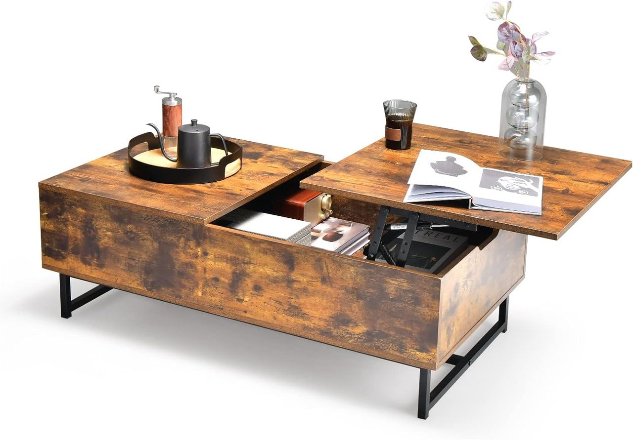 Costway Couchtisch höhenverstellbar, 2 Ebenen Beistelltisch mit Metallrahmen