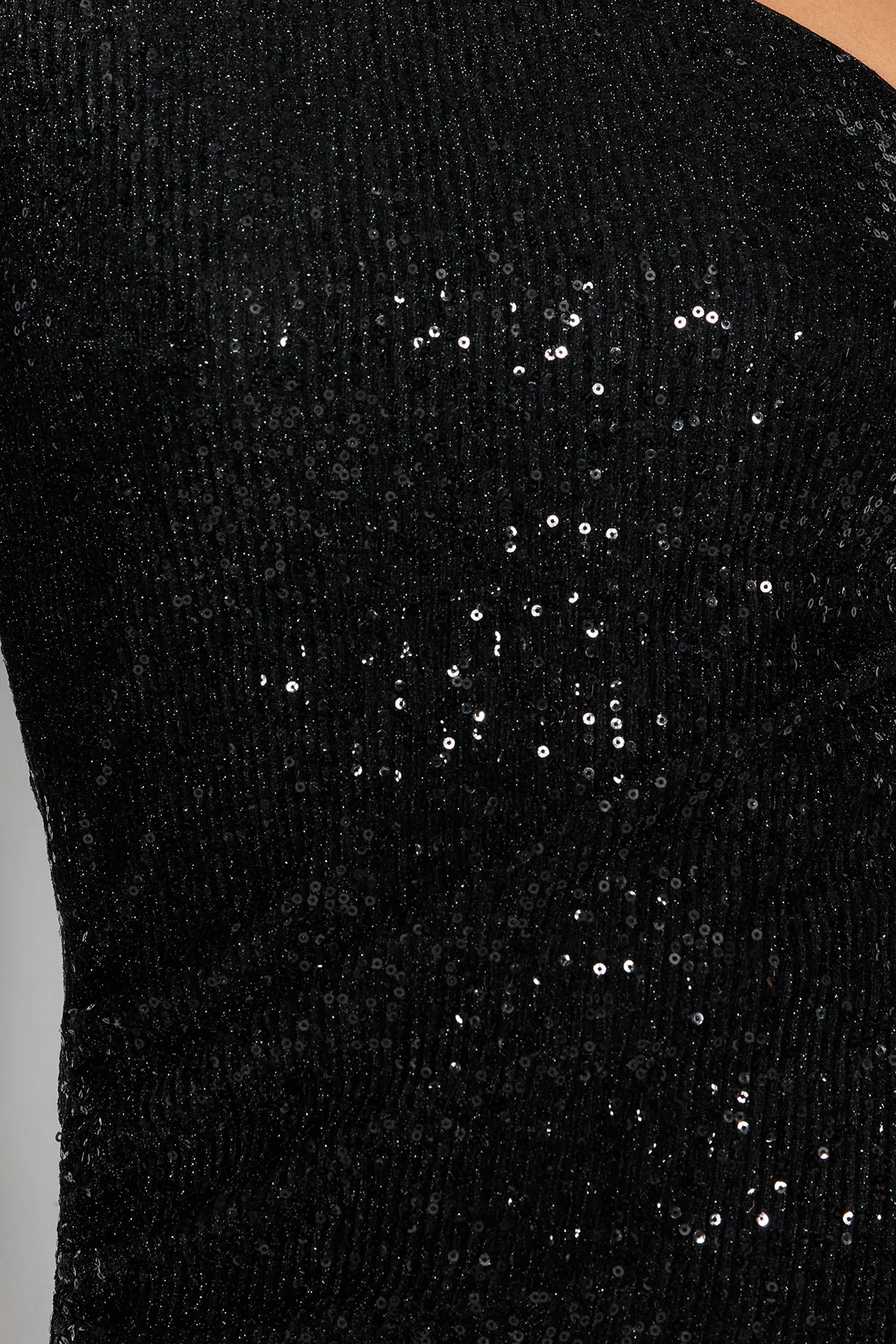 Trendyol Collection  Schwarzes, einärmeliges, elegantes Abendkleid mit Pailletten TPRAW24EL00288