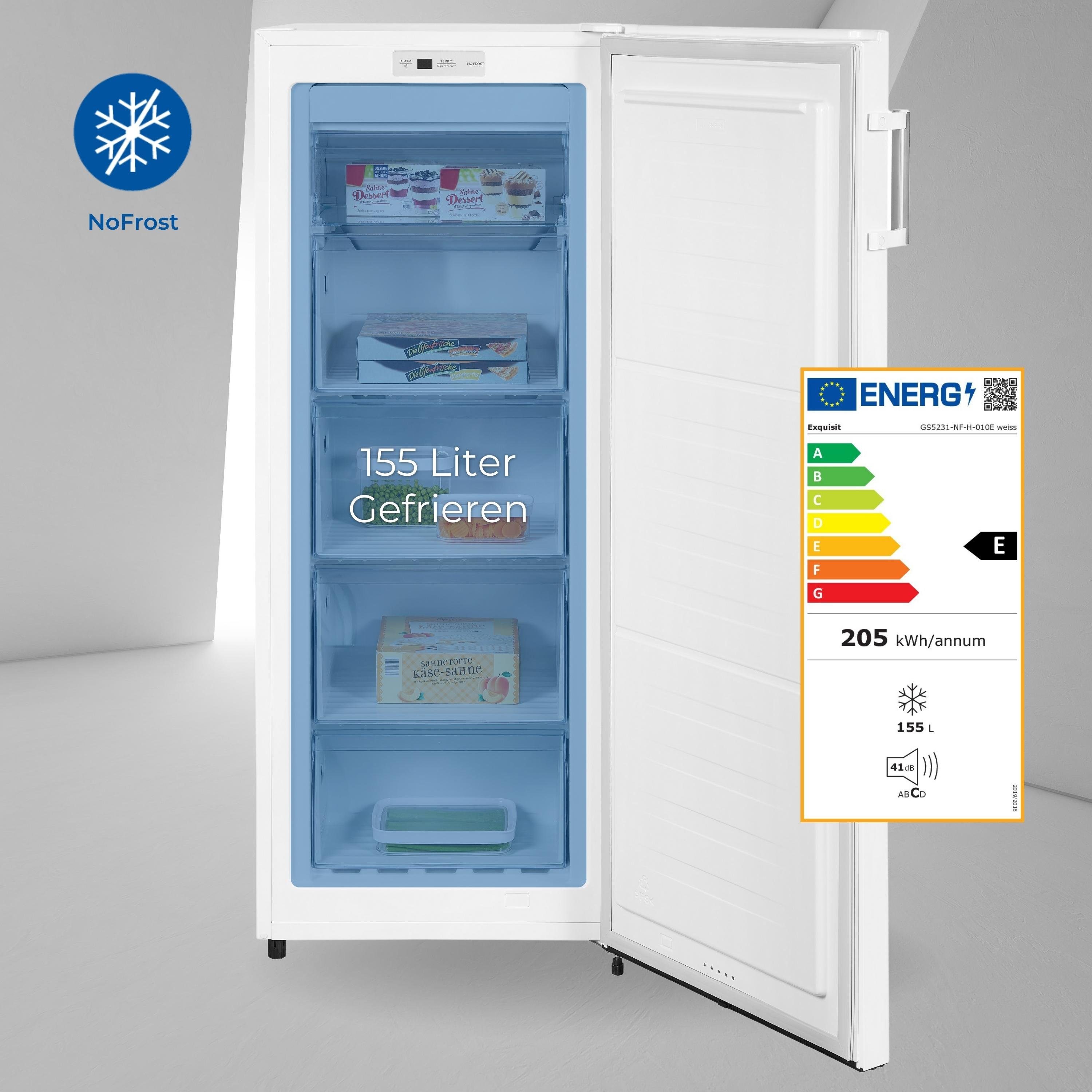 exquisit Gefrierschrank GS5231-NF-H-010E weiss, 143.5 cm hoch, 56 cm breit, XL-Lagerung mit komfortablen No Frost & Schnell-Gefrieren
