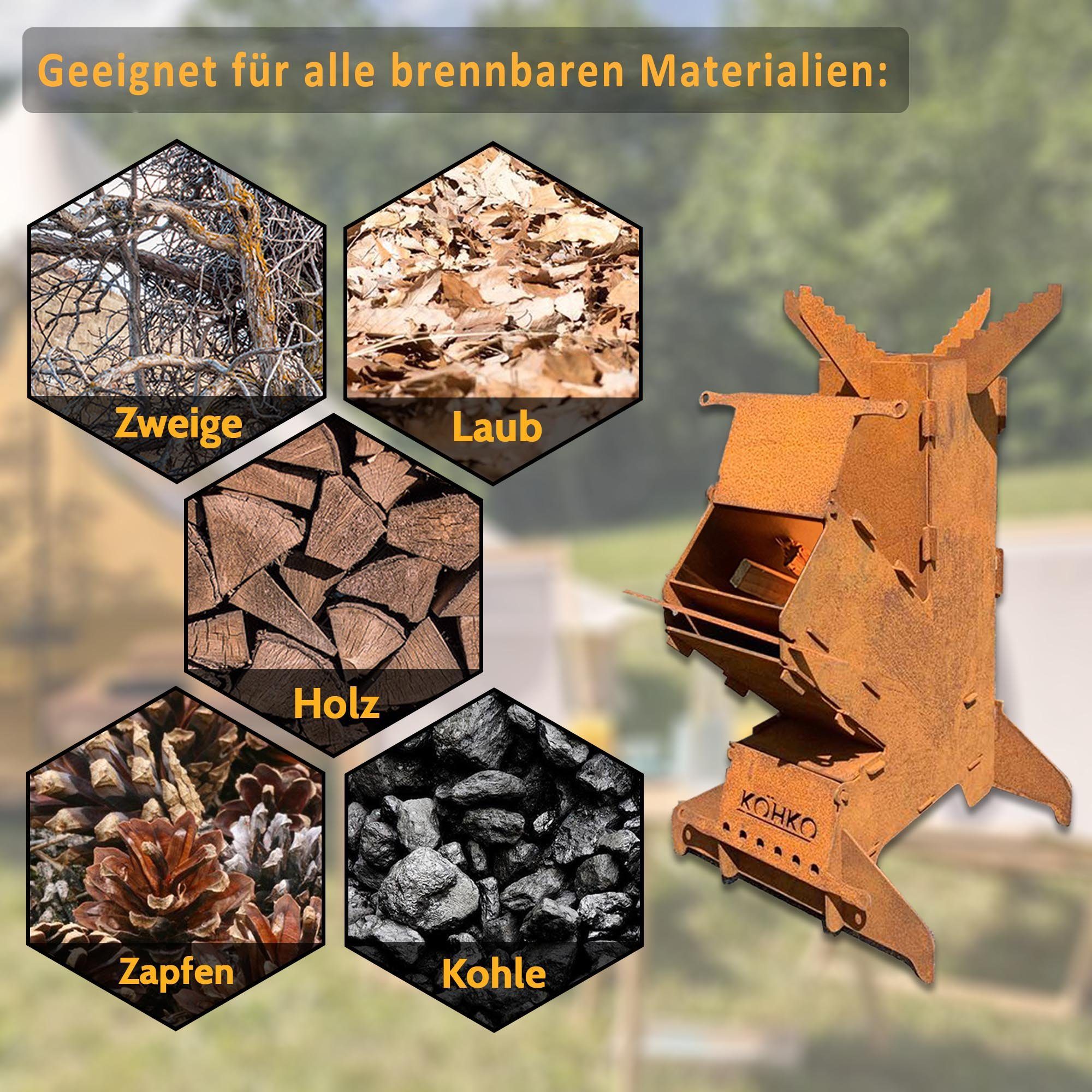 Köhko Feuerkorb Raketenofen Rocket Stove Campingofen aus 3 mm Cortenstahl