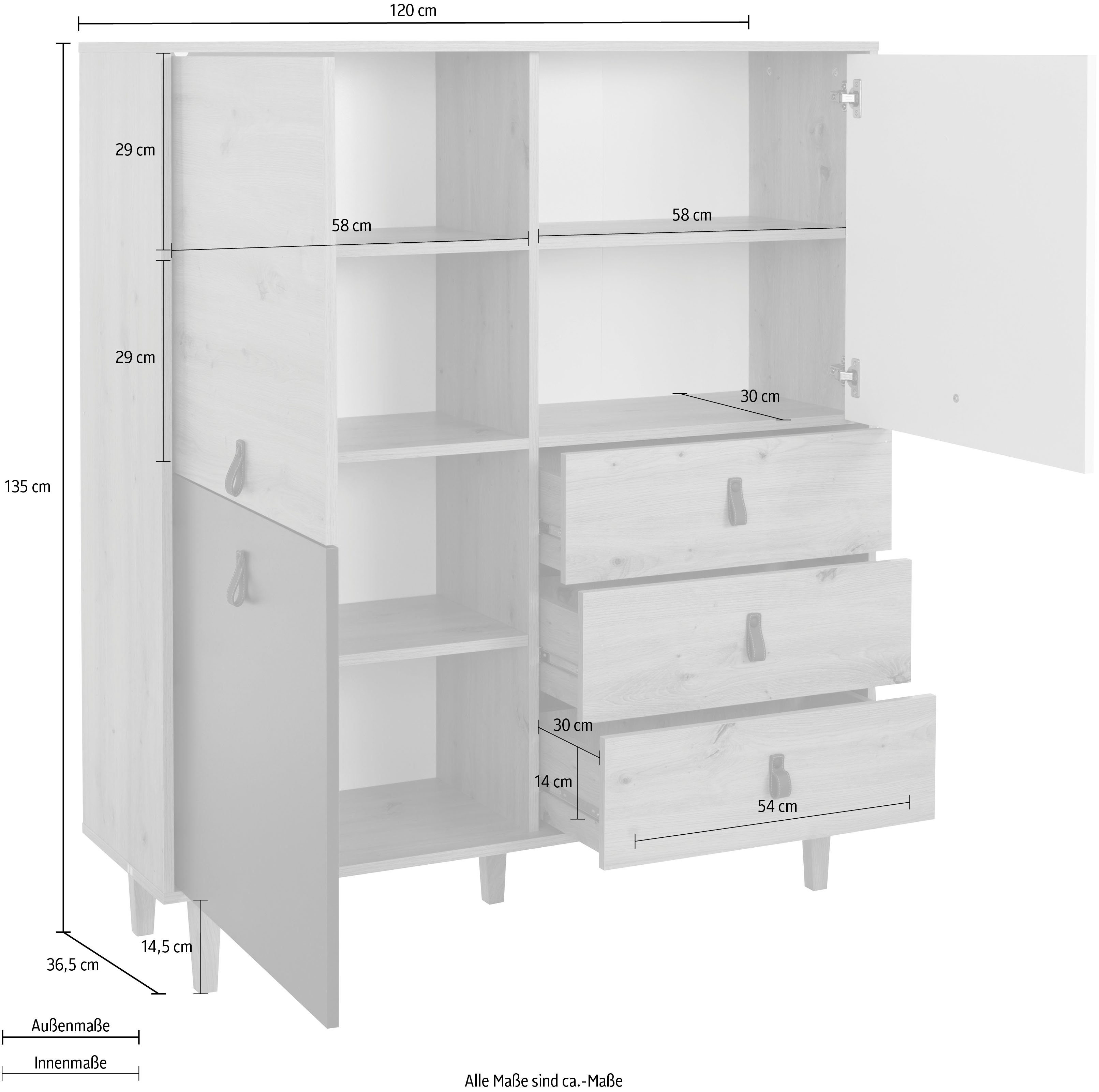 Homexperts Highboard Bristol, Breite 120 cm, Höhe 135 cm, mit massiven Eichefüßen