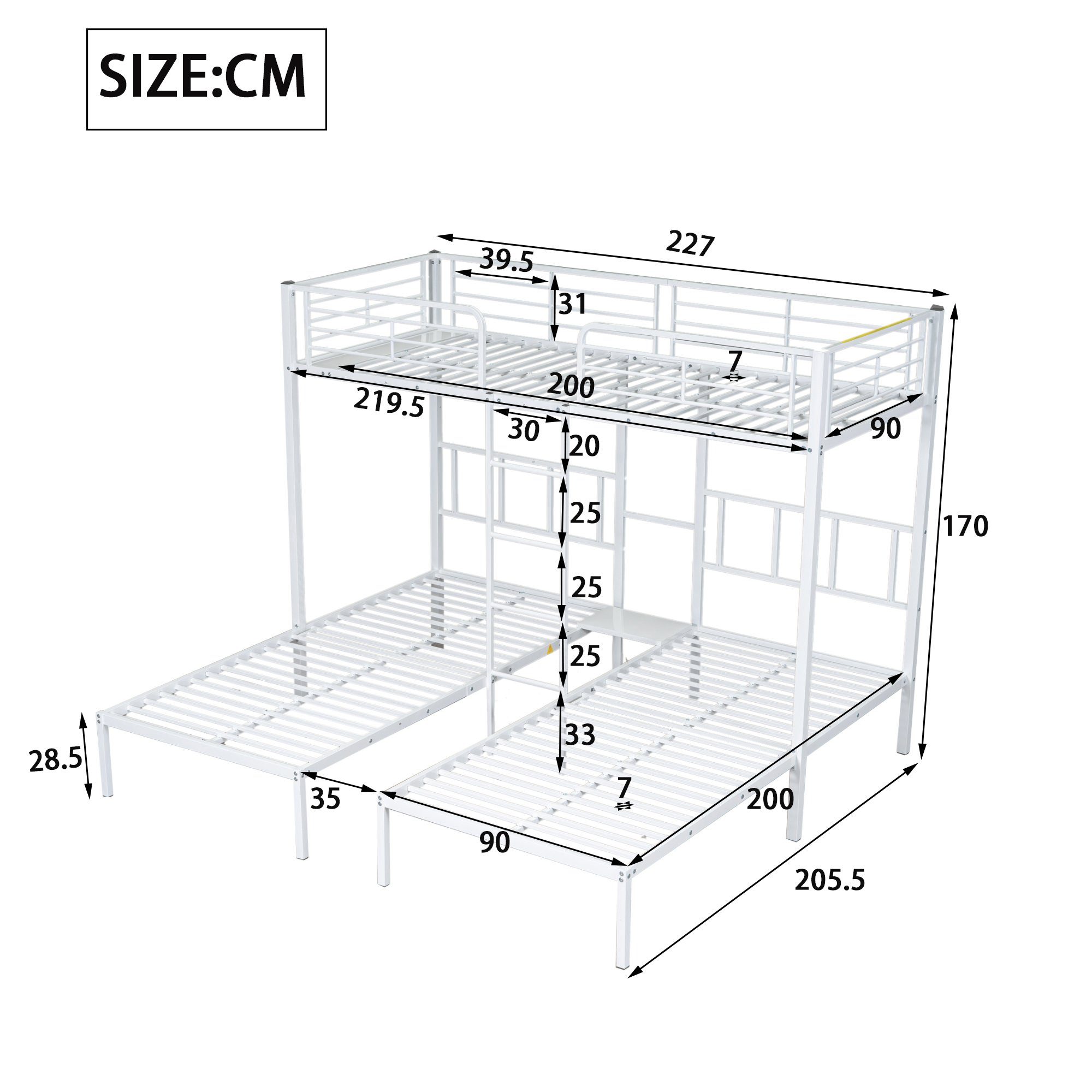 Flieks Etagenbett, Dreierbett Kinderbett Metallbett mit Leiter 90x200cm*3
