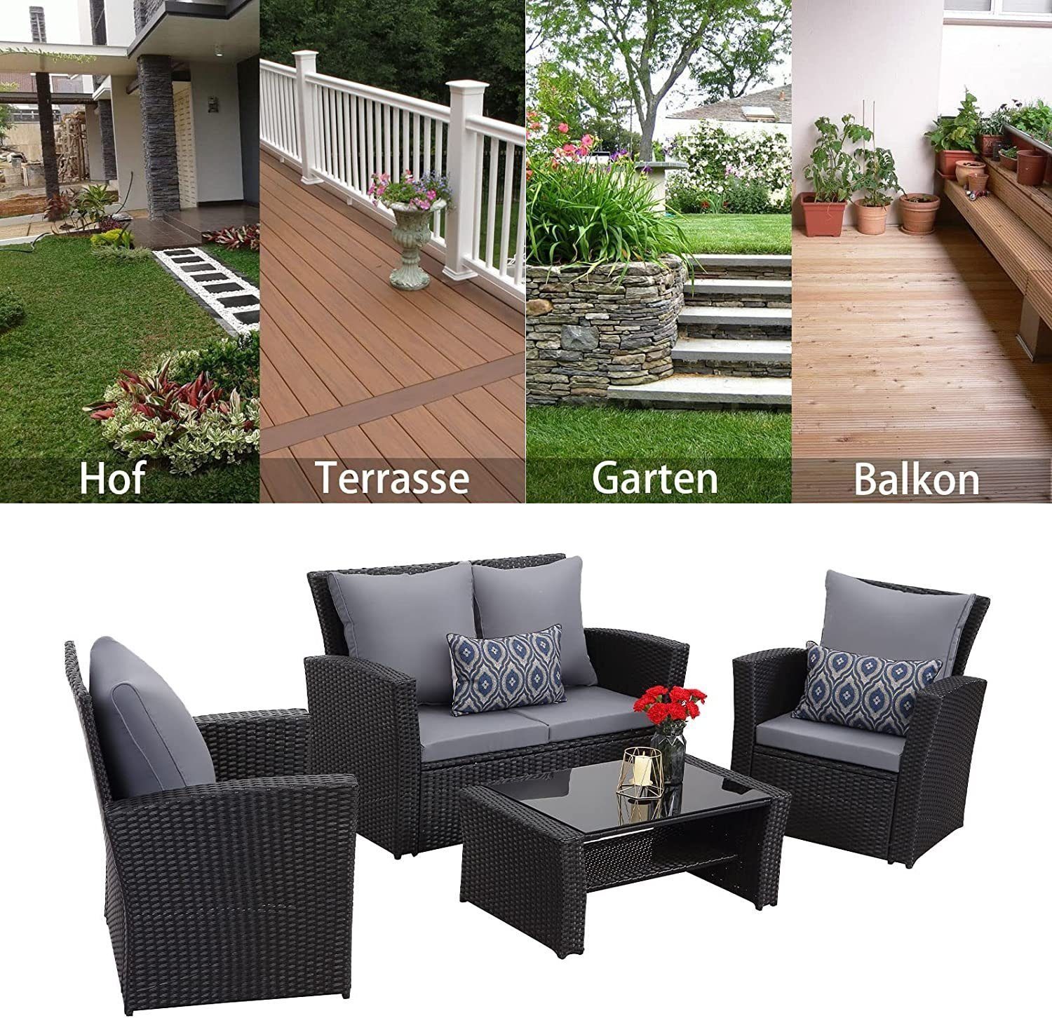 MeXo von GLP HOME Gartenlounge-Set Balkongarnitur Gartenmöbel Set Polyrattan Wetterfest für 3-4 Personen, (Loungeset Kleiner Balkon Sitzgruppe, 4-tlg., Balkonset, Sitzgarnitur mit Kissen), Gartengarnitur für Lounge Klein Terrasse Garten Indoor Outdoo
