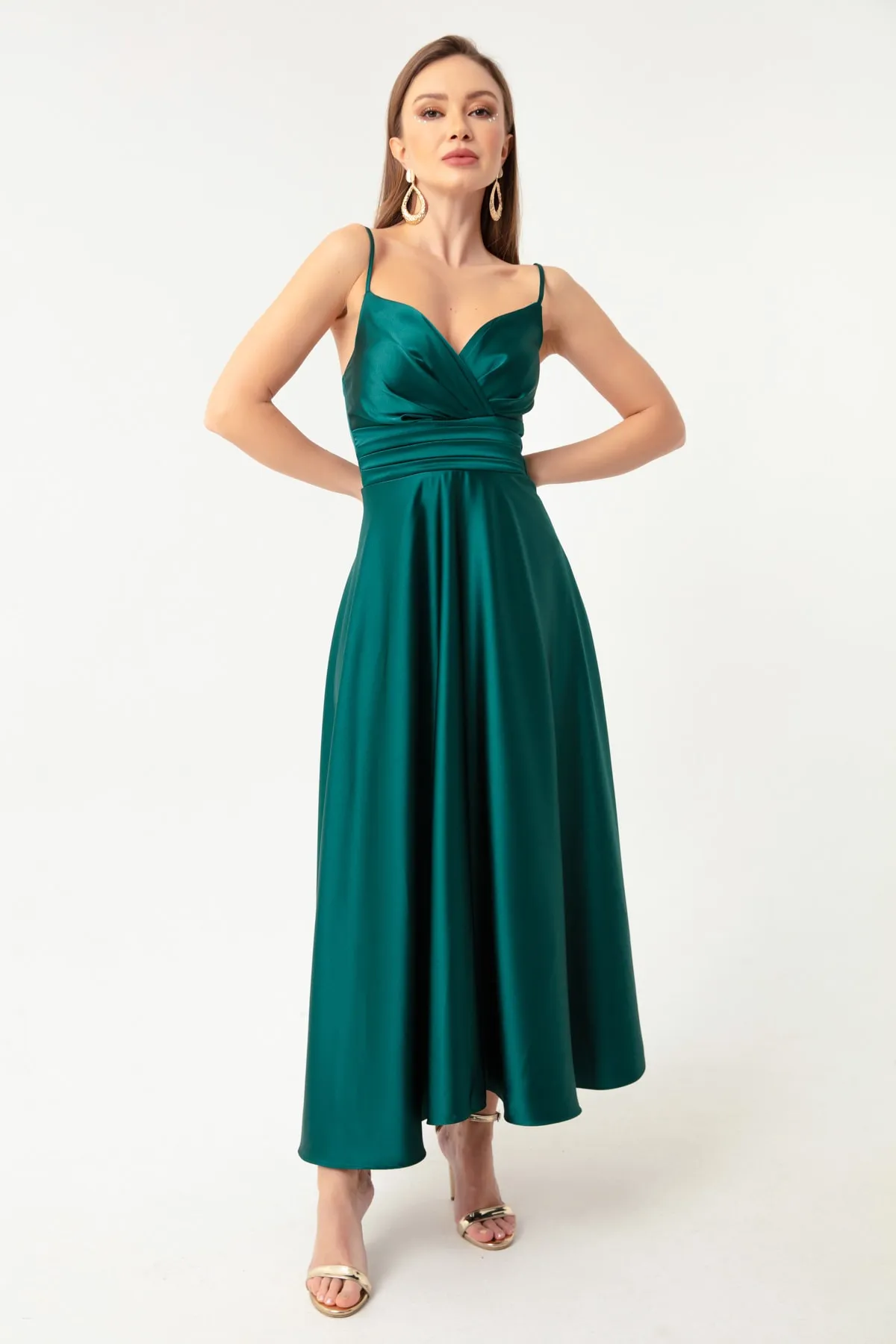 Lafaba  Smaragdgrünes Satin-Midi-Abendkleid und Abschlusskleid mit Taillengürtel und Seilriemen für Damen