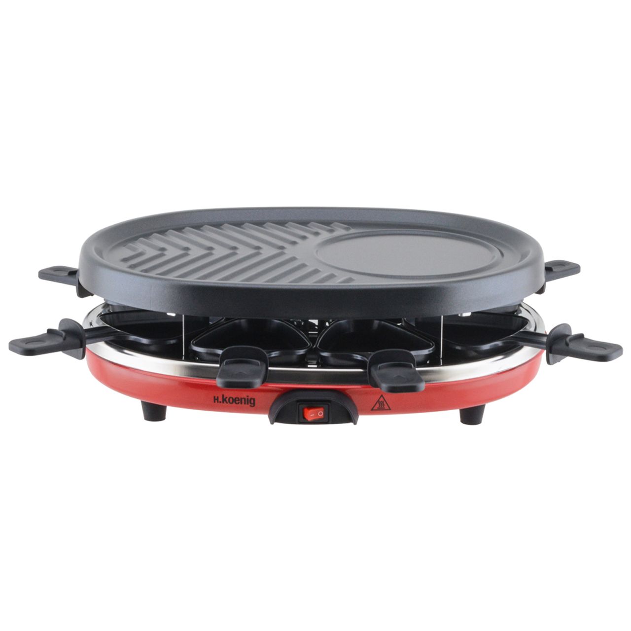 H.Koenig RP412 Raclette-Gerät 4 in 1 / 8 Personen / Raclette, Natursteingrill, Crepe-Platte und Grillplatte / mit 8 Pfännchen / 900 W / schwarz/rot
