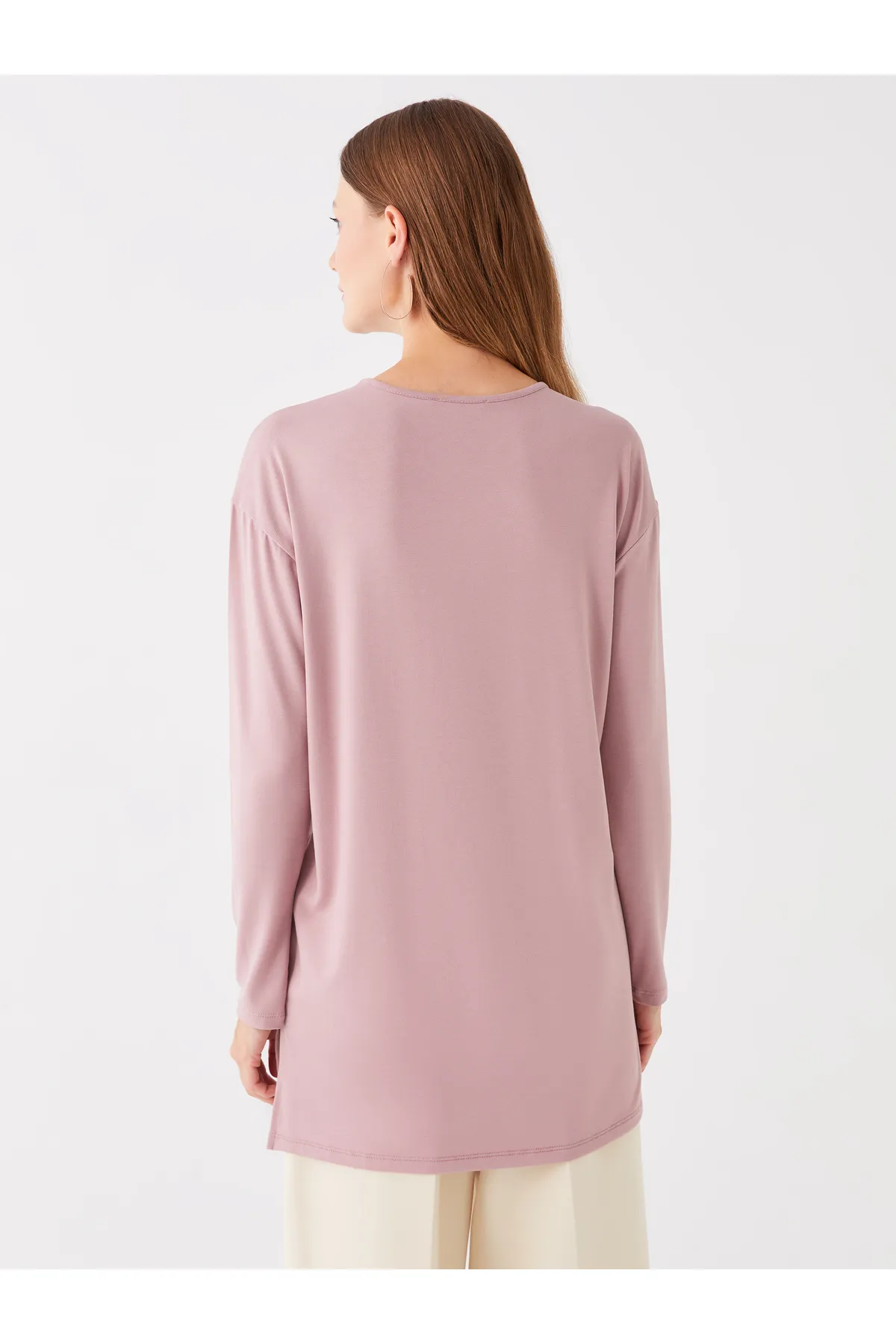 LC Waikiki  Bedruckte, langärmlige Oversize-Damentunika mit Rundhalsausschnitt