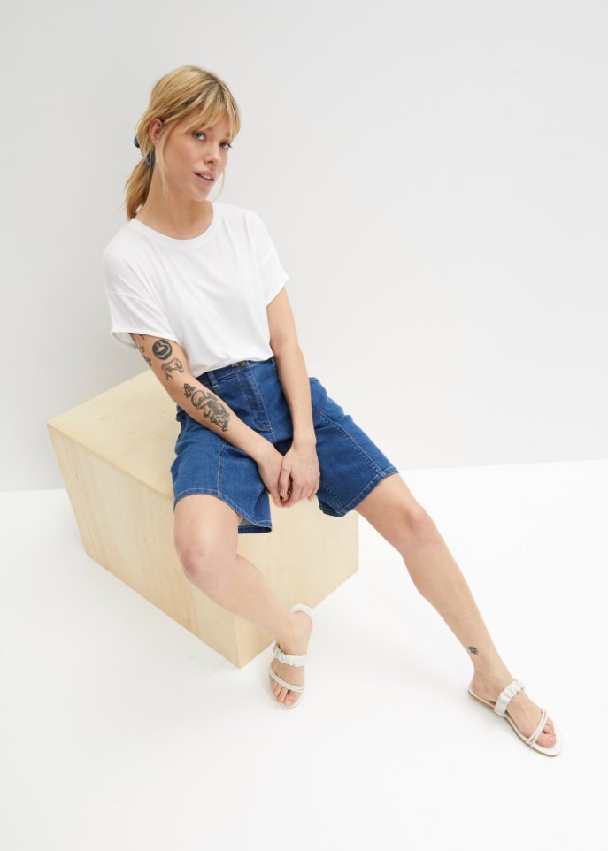 High-Waist-Jeans-Bermuda mit großen Taschen und Bequembund