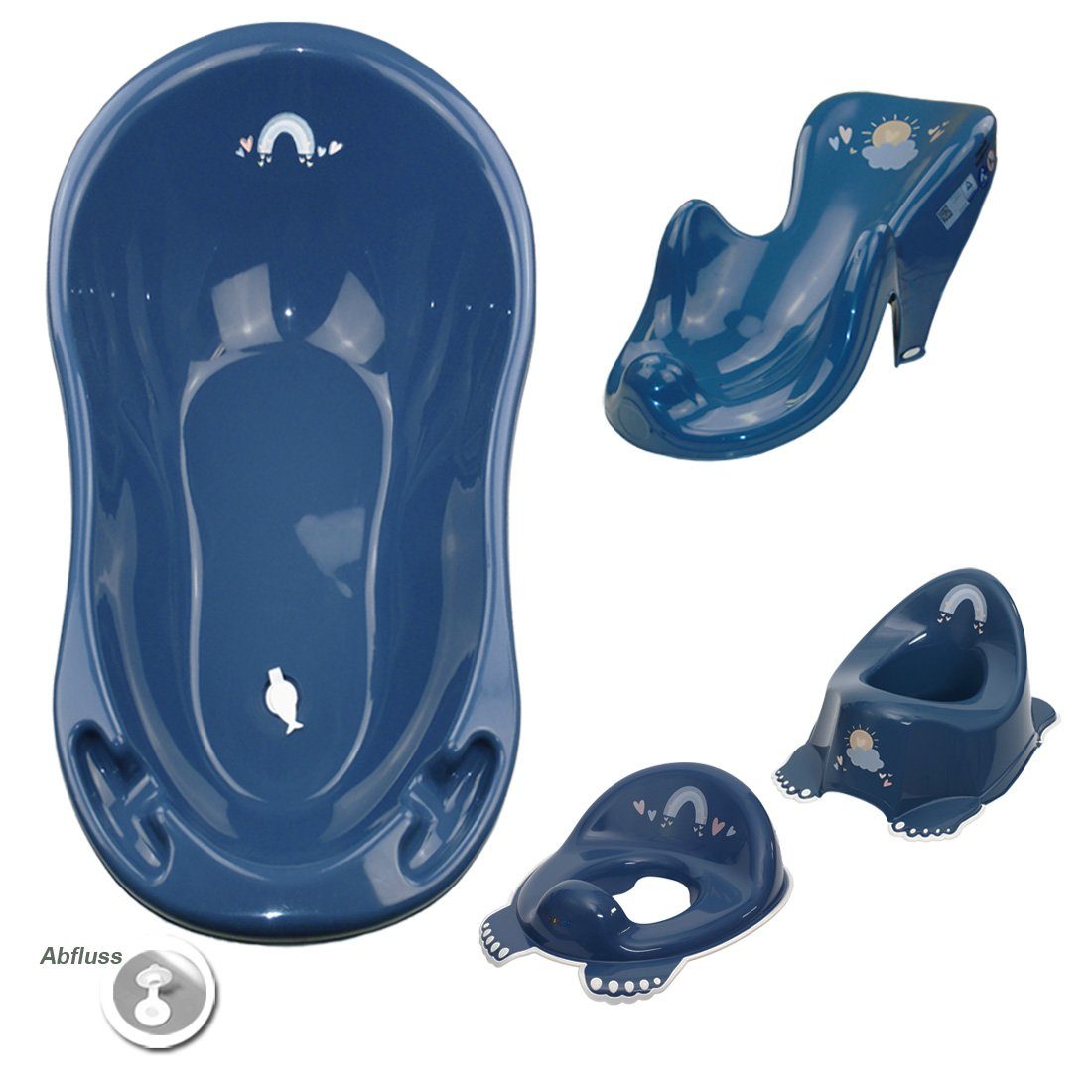 Tega-Baby Babybadewanne 4 Teile SET - METEO Blau - -Babybadeset Wanne Pflege Wanne, (Made in Europe Premium.set), Babybadewanne + Badesitz + Töpfchen + Wc Aufsatz