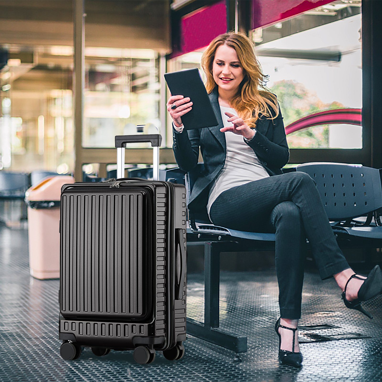CALIYO Business-Trolley Handgepäck mit Laptopfach Hartschalen Trolley, Business Trolly, Roll-Reisekoffer 4 Doppel-Rollen, 45 cm, 36 L, Schwarz/Dunkelgrau