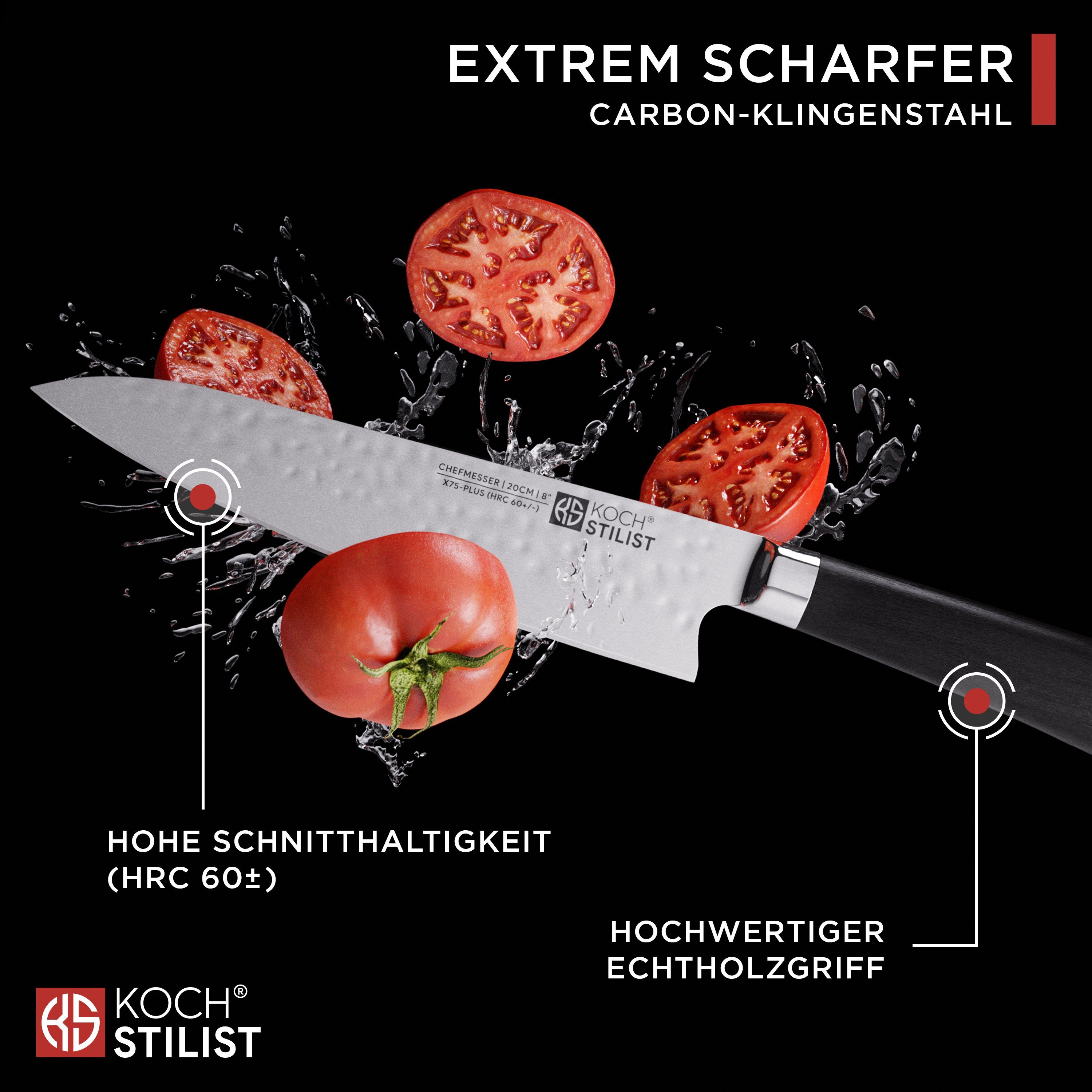 KOCHSTILIST by Kris Wu Kochmesser extra scharf, 20 cm, groß - Chefmesser, Küchenmesser, Messer, Damast, X75-Carbonstahl-Plus (rostfrei)