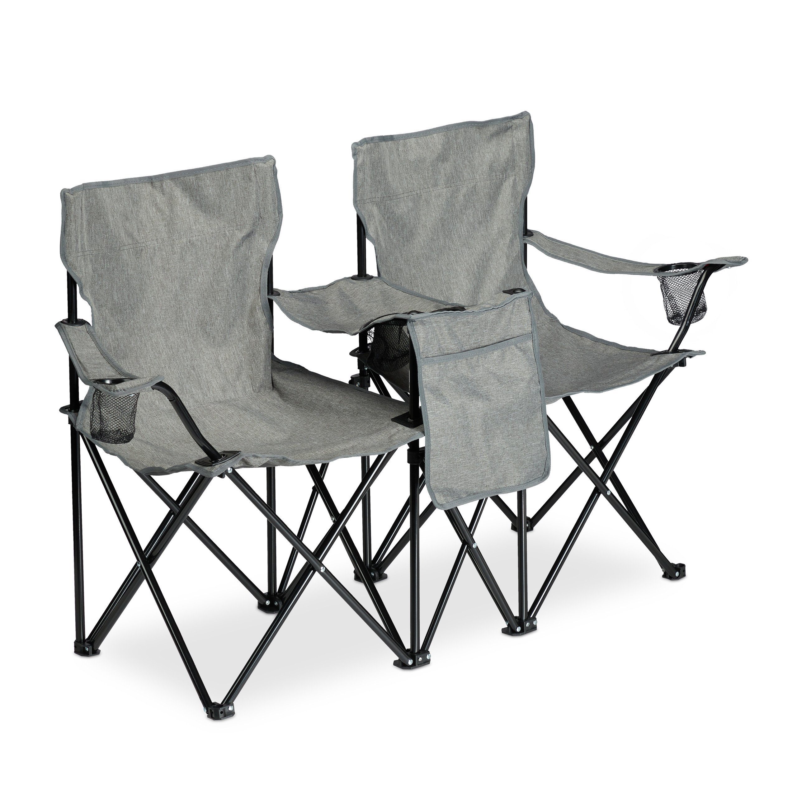 relaxdays Campingstuhl Doppel Campingstuhl mit Getränkehaltern, Grau