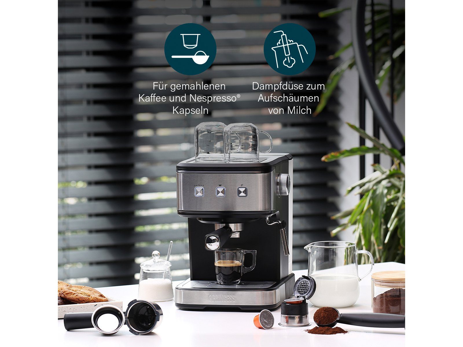 PRINCESS Siebträgermaschine, italienische Siebdruck Kaffee & Espresso-Maschine mit Milchaufschäumer