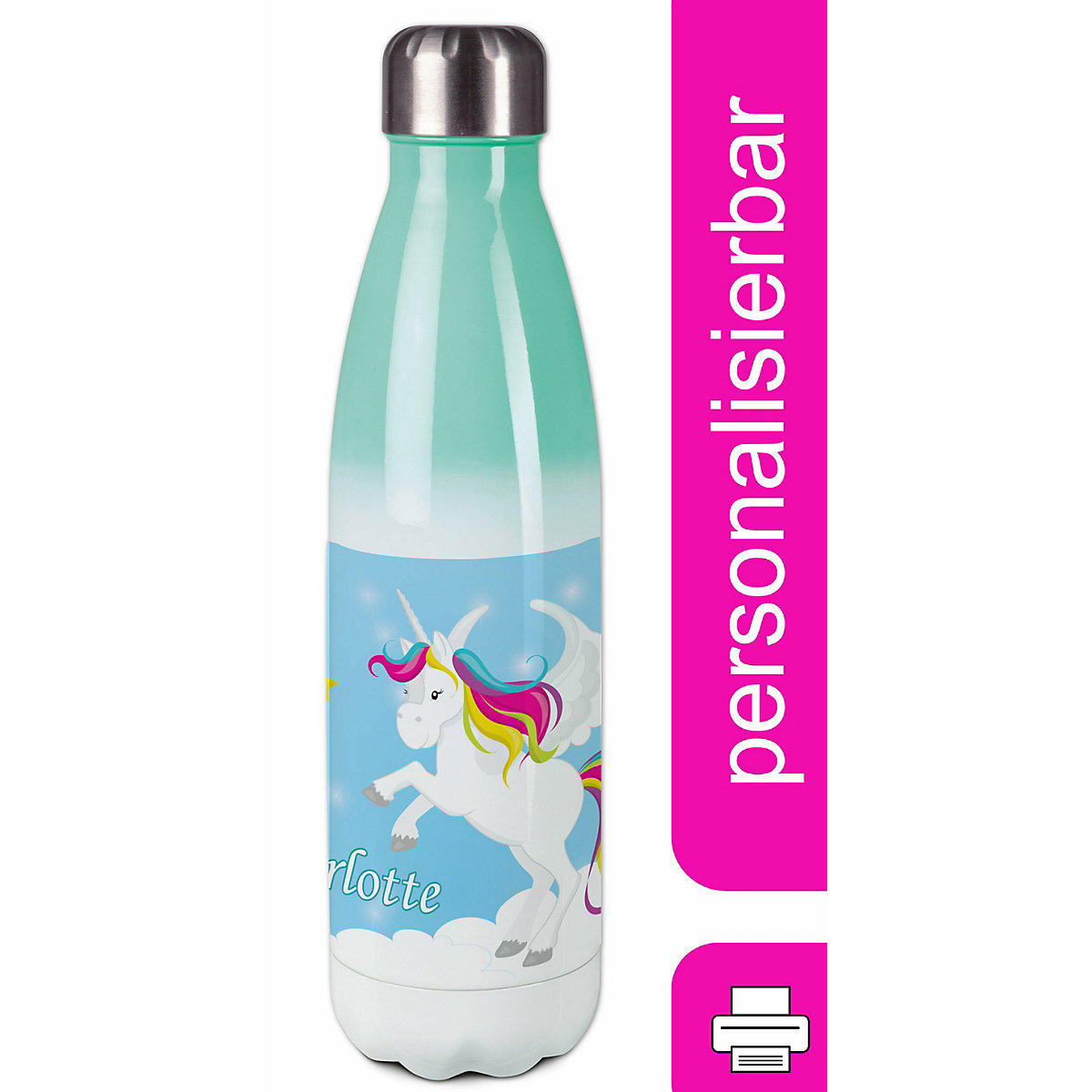 Edelstahl Kinder Thermoflasche / Trinkflasche bunt Pegasus Farbe blau Spülmaschinenfest, Auslaufsicher, Bruchfest, Doppelwandig, Für Heißgetränke geeignet, Mit Deckel, Isoliert
