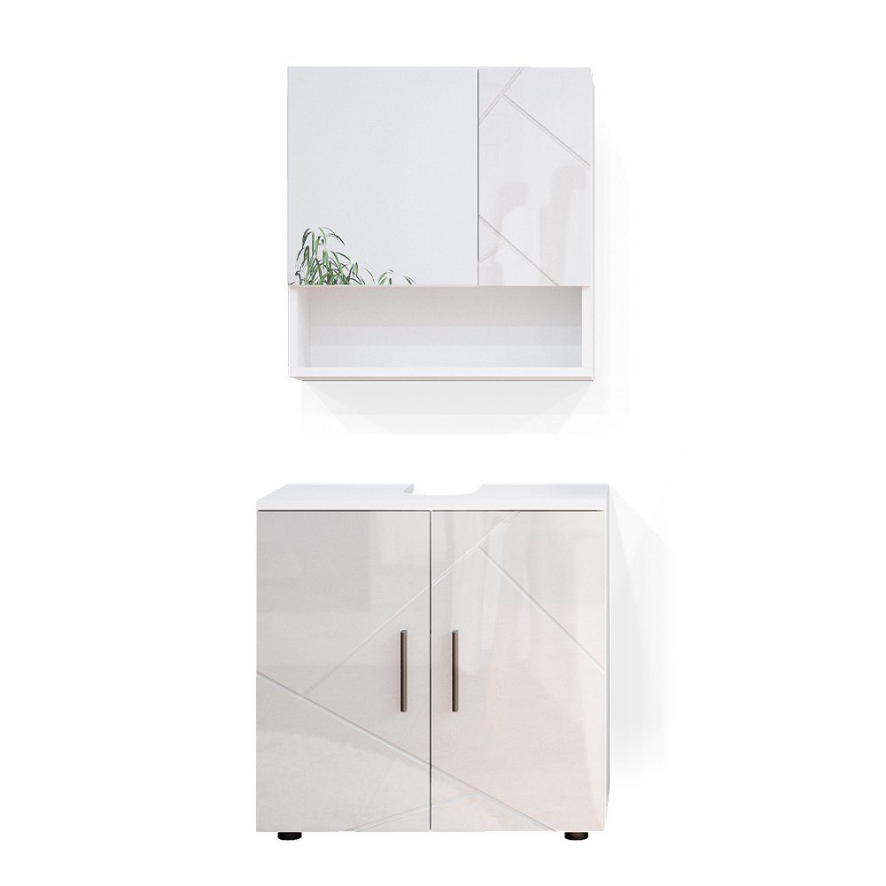 Vicco Badezimmer-Set Badmöbel Badezimmermöbel Irma Weiß Hochglanz Set 1, (3-er Set, 2-St., Spiegelschrank,Waschbeckenunterschrank,Badschrank)