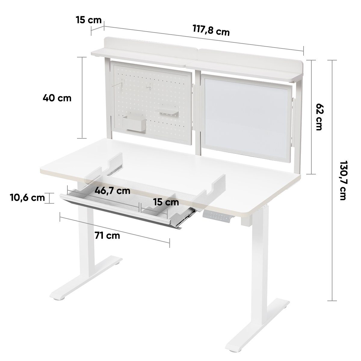 KOWO Schreibtisch Magnetisches Whiteboard, Lochplatte und Schublade für Schreibtisch, Passt nur für unseren Flexi Schreibtisch 120 cm