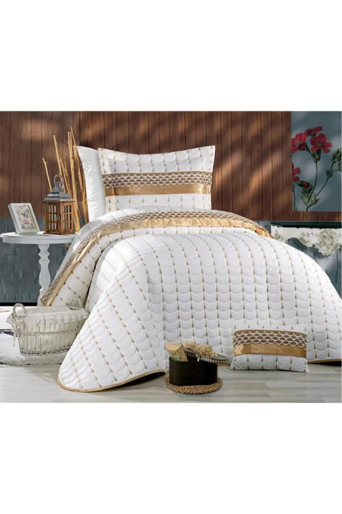 Çeyiz Diyarı  Colors Micro Einzel-Tagesdecke, Creme-Gold