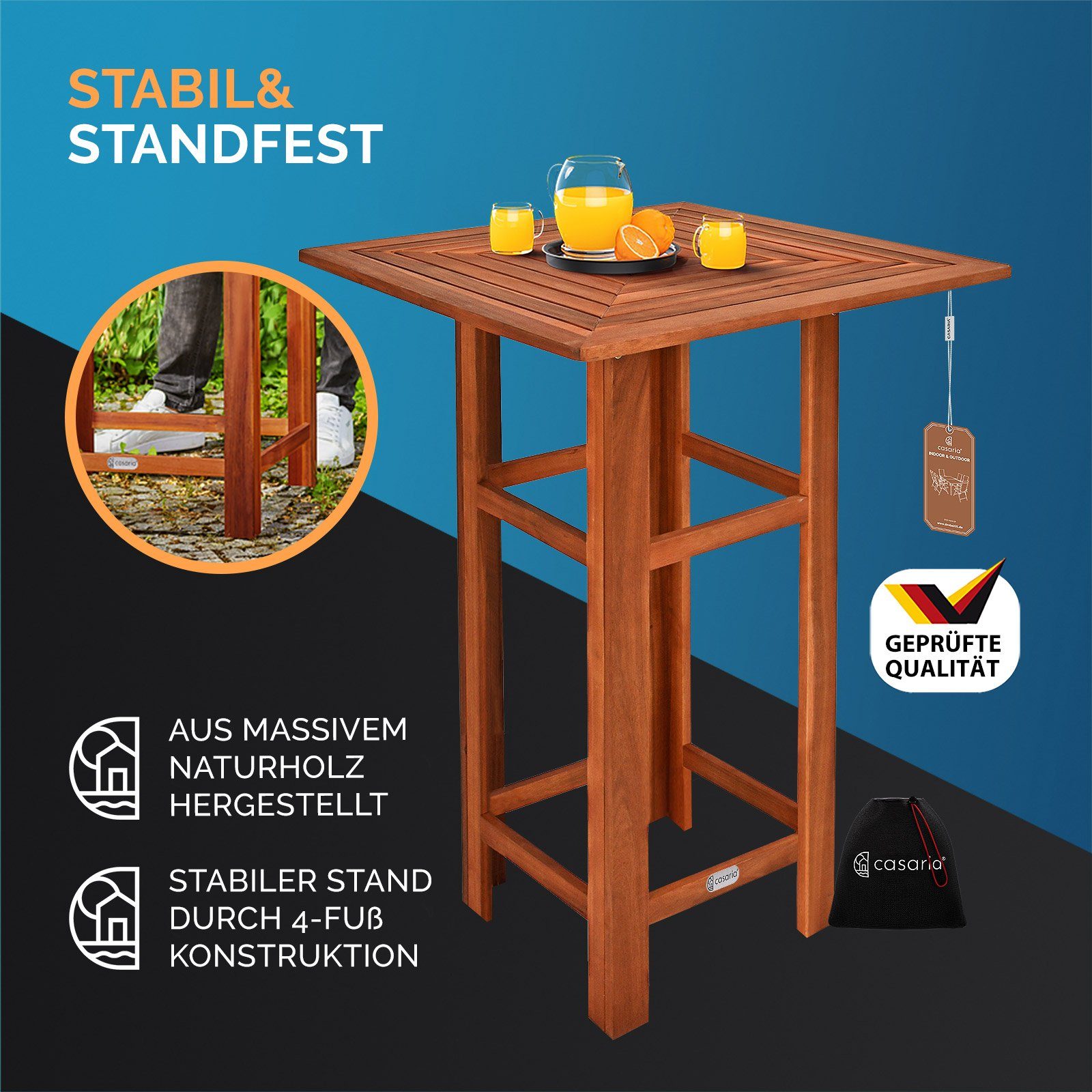 Casaria Stehtisch Akazie (1-St), Holz 110cm Hoch 75x75 cm Eckig Indoor Outdoor Bistrotisch Biertisch