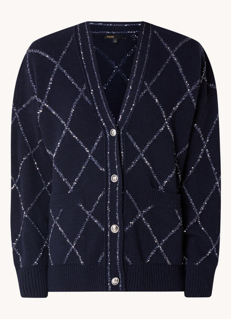 Cardigan Maje in pregiata maglia di misto lana con paillettes e tasche applicate.