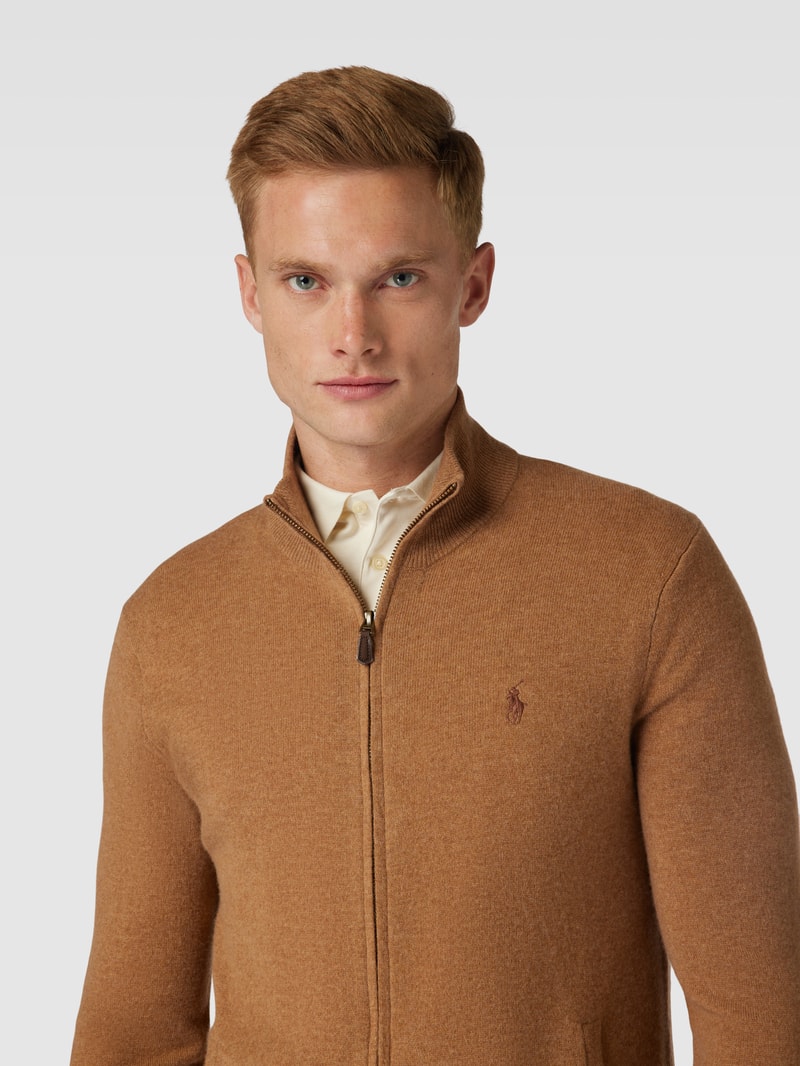 Strickjacke aus Lanawolle mit Nahtreißverschluss in hellbraun