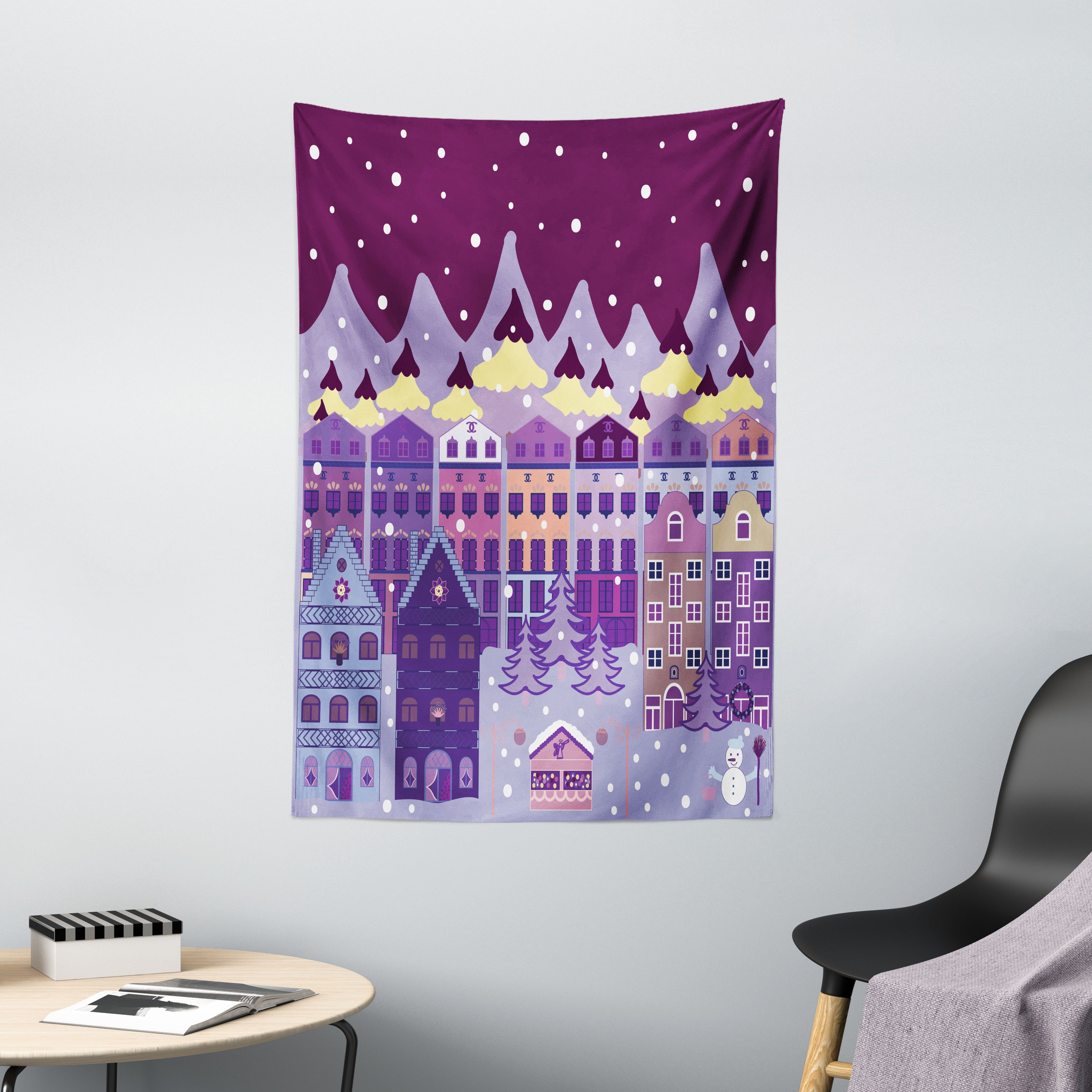 Wandteppich Wohnzimmer Schlafzimmer Wandtuch Seidiges Satin Wandteppich, Abakuhaus, rechteckig, Winter Häuser im Schnee Heiligabend