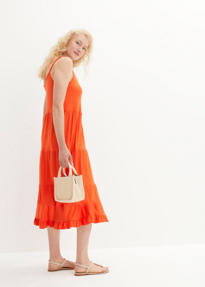 Shirtkleid mit Volants und verstellbaren Spaghetti-Trägern in Midi-Länge, A-Line