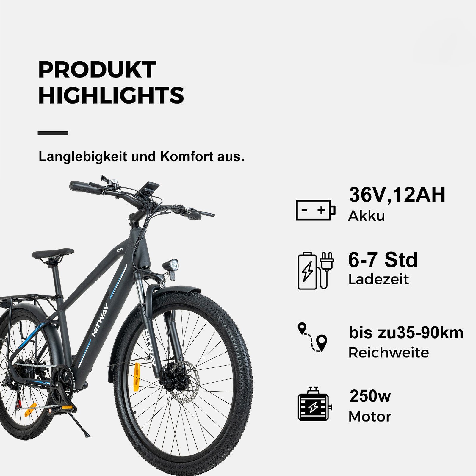 HITWAY E-Bike 26 Zoll BK7S 36V 12Ah E-Fahrrad MTB Shimano, 7 Gang Shimano, Heckmotor, Elektrofahrrad für Damen und Herren 165 - 185 cm, innerhalb der StVZO