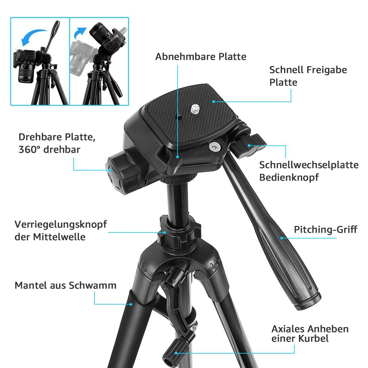 7Magic Neues Kamera Handy Stativ, 168cm Aluminium Leichte Dreibeinstativ Dreibeinstativ (Tragbares Smartphone Stativ Fotostativ)