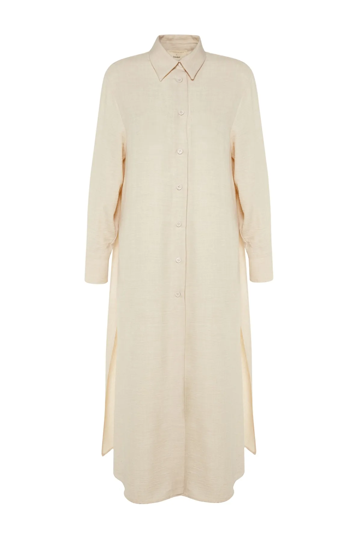 Trendyol Modest  X Kevser Sarıoglu Beiges, langes, gewebtes Hemd mit seitlichem Schlitztaschendetail TCLSS23TG00000