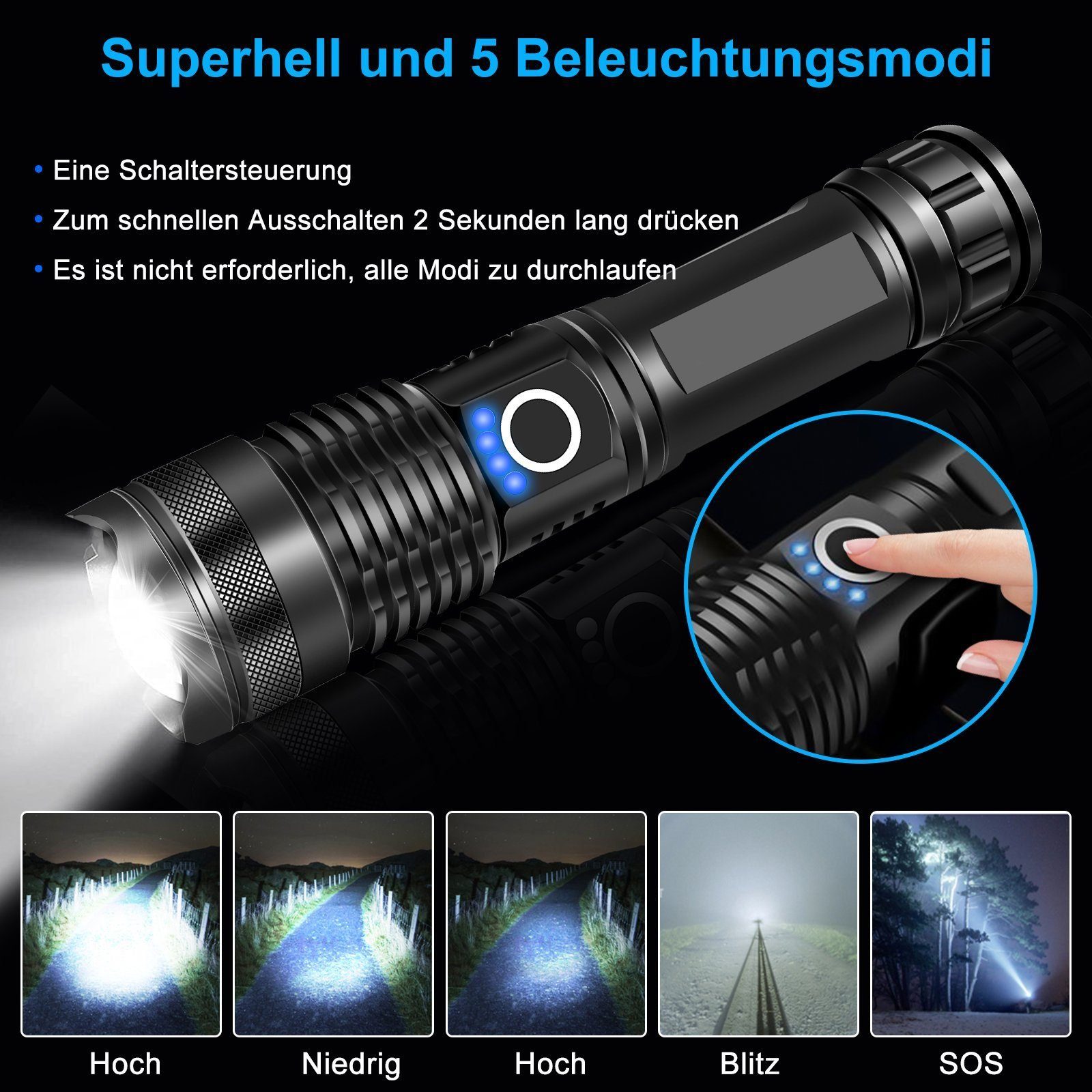 MDHAND LED Taschenlampe Lumen LED Taschenlampe Extrem Hell 5-Lichtmodi & Einstellbarer Fokus, Ideal für Camping, Angeln, Nachts gehen & Notfälle