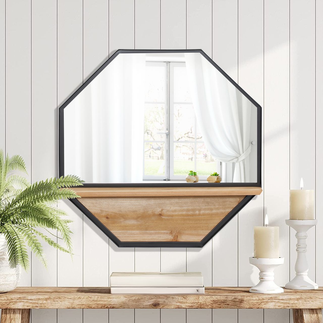 HOMCOM Achteck Wandspiegel, 61 x 61cm Hängespiegel Wohnzimmerspiegel Flurspiegel mit Ablage im Industrie-Design für Schlafzimmer Schwarz