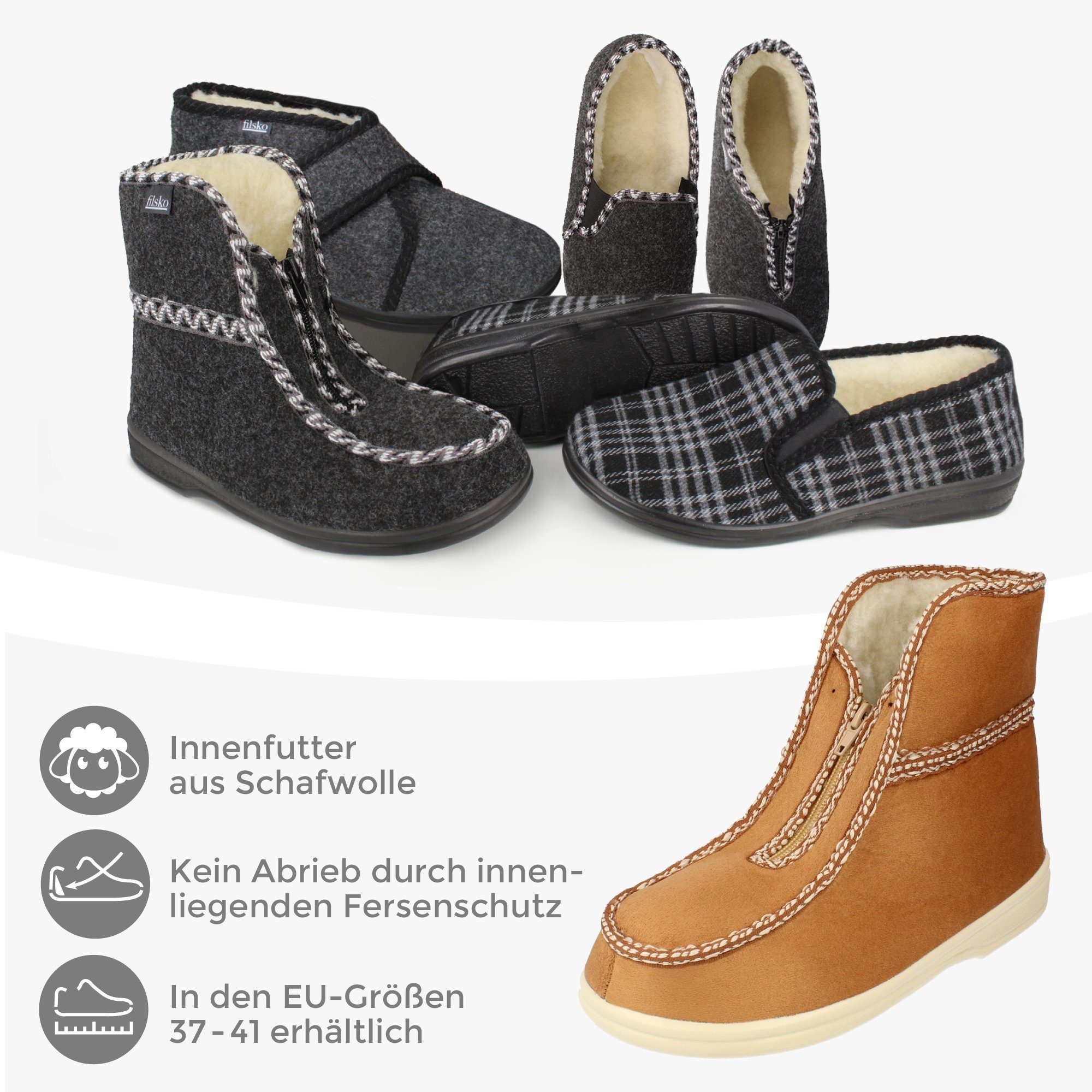 filsko filsko Winter HausSchuhe Hüttenschuh mit Schafwolle gefüttert Hausschuh