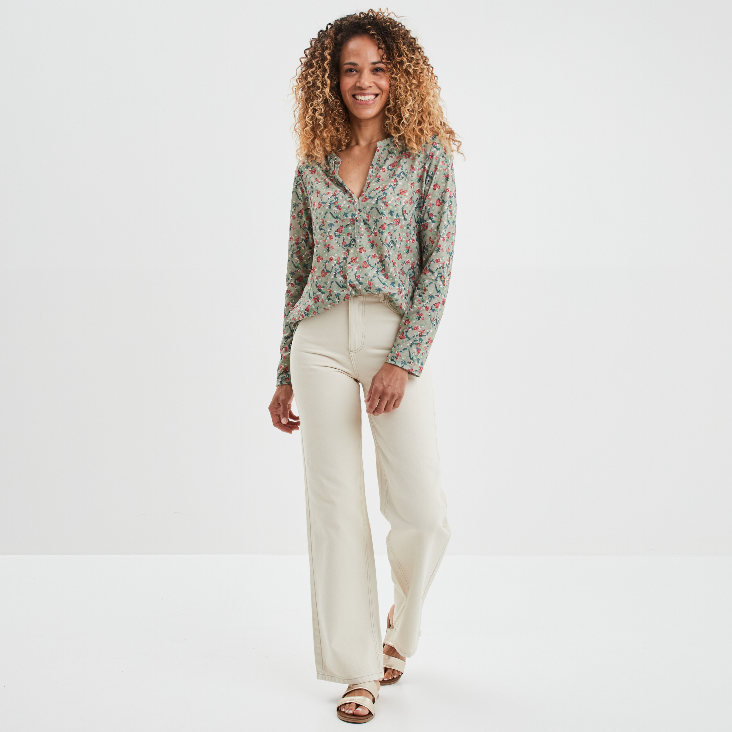 Jeans wide leg taille haute coton ecru femme | La Halle