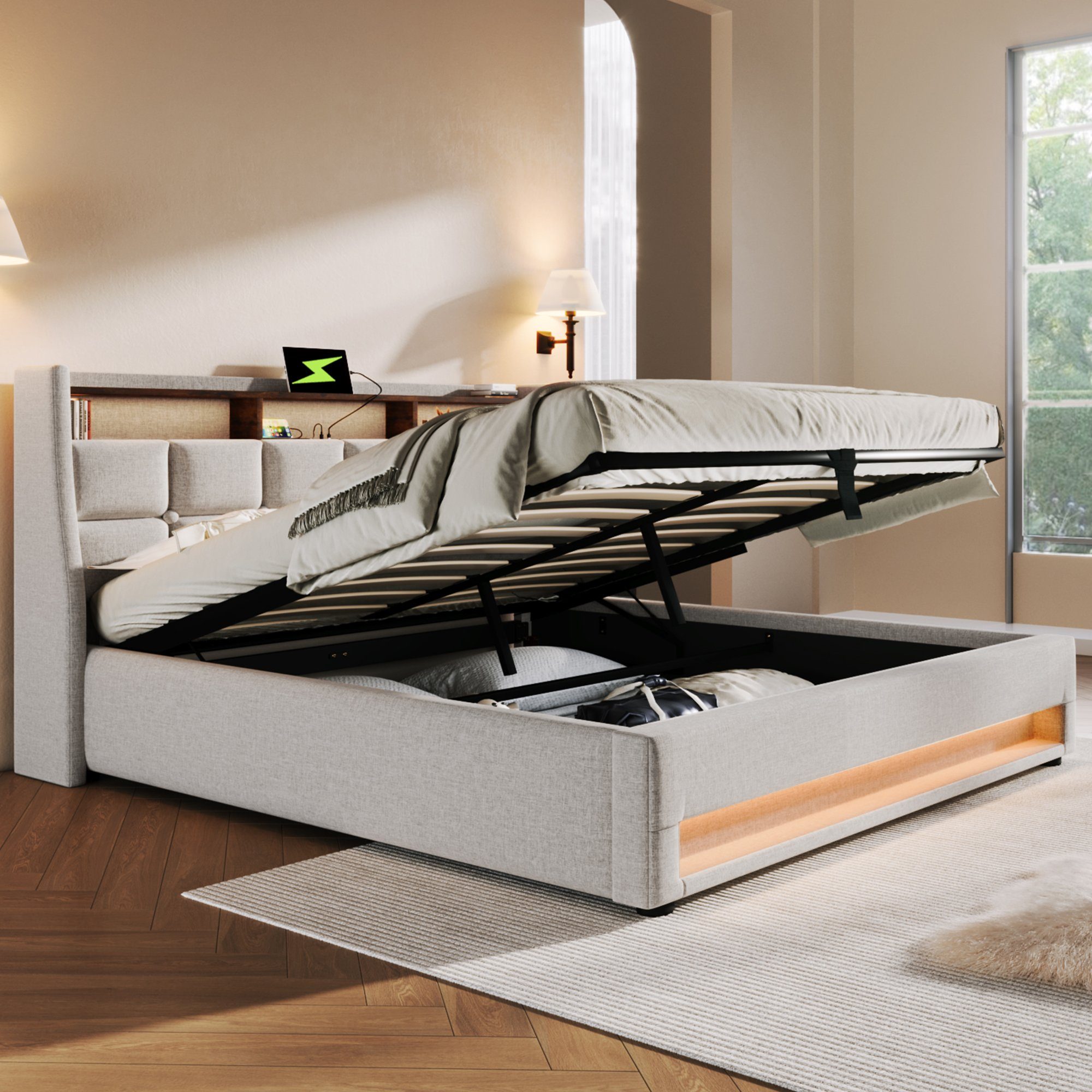 HAUSS SPLOE Polsterbett Polsterbett hydraulisches Doppelbett Funktionsbett Bettrahmen (LED Doppelbett Jugendbett mit USB/Typ-C Ladeanschluss), 180x200cm,Ohne Matratze