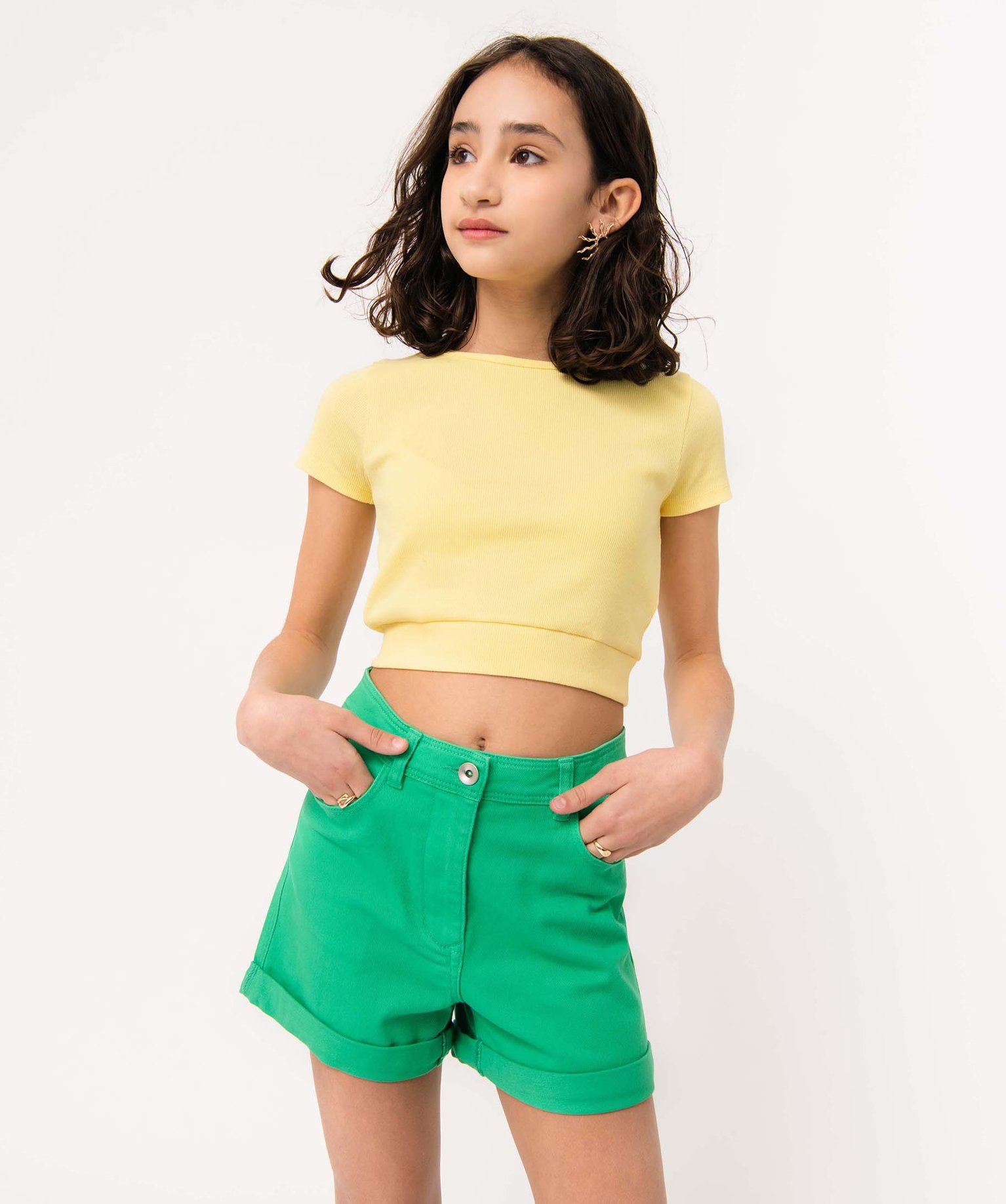 Tee-shirt fille en maille ctelée coupe courte jaune | GEMO