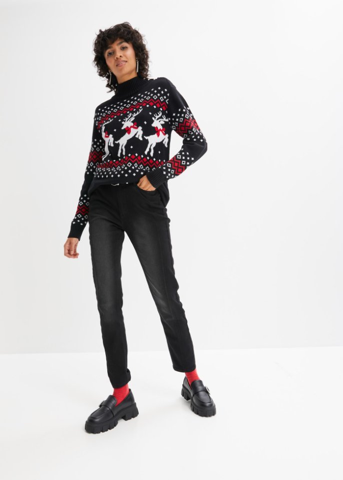 Verkürzte Thermojeans mit geradem Bein und High-Waist-Bequembund, knöchellang