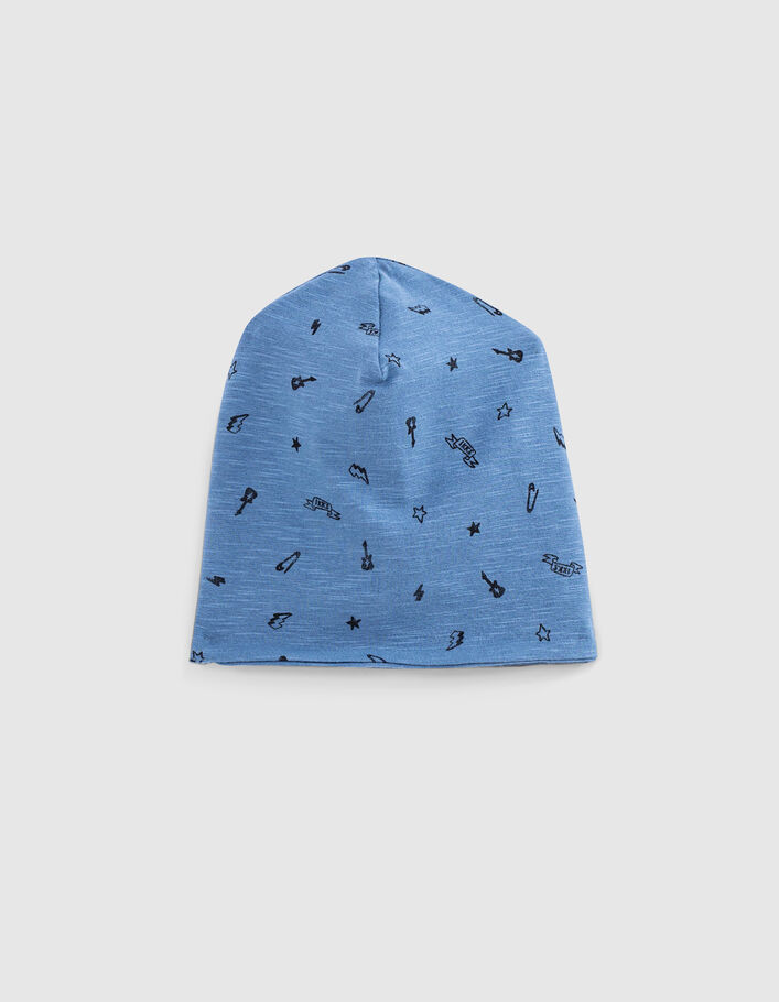 Bonnet réversible bleu et imprimé rock coton bio bébé
