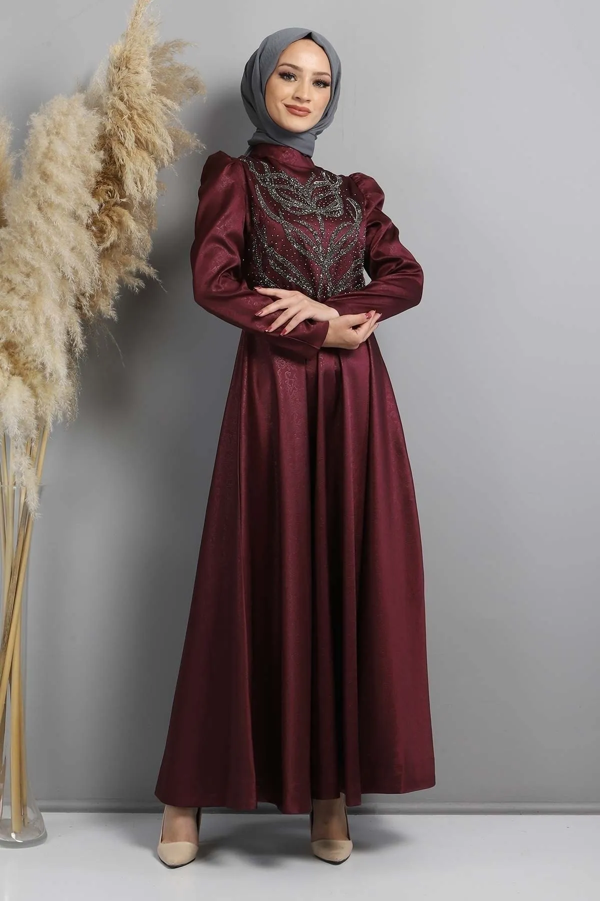 Modamihram  Stoned Burnt gemustertes Abendkleid Pflaume