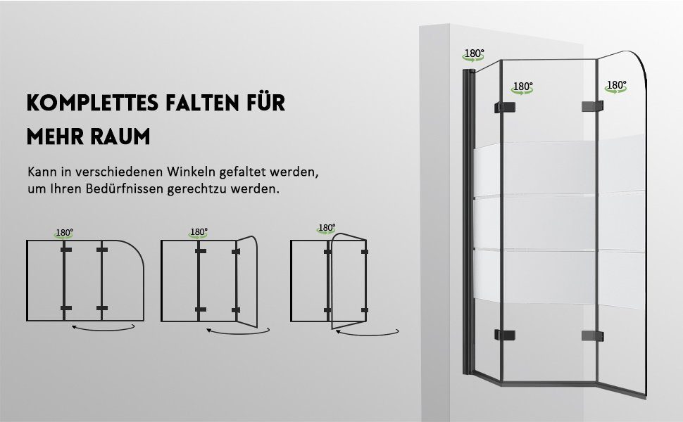 Boromal Badewannenaufsatz 3 teilig Faltwand Duschwand für Badewanne faltbar Badewannenfaltwand, Schwarz Chrom Milchglas Aluprofile, (Badewannenaufsatz Schwarz Chrom Milchglas, 120x140cm,130x140cm,140x140cm), Sicherheitsglas, Hebe- / Senkfunktion, Rec