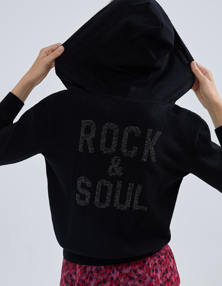 Cardigan noir tricot jacquard message devant dos Femme
