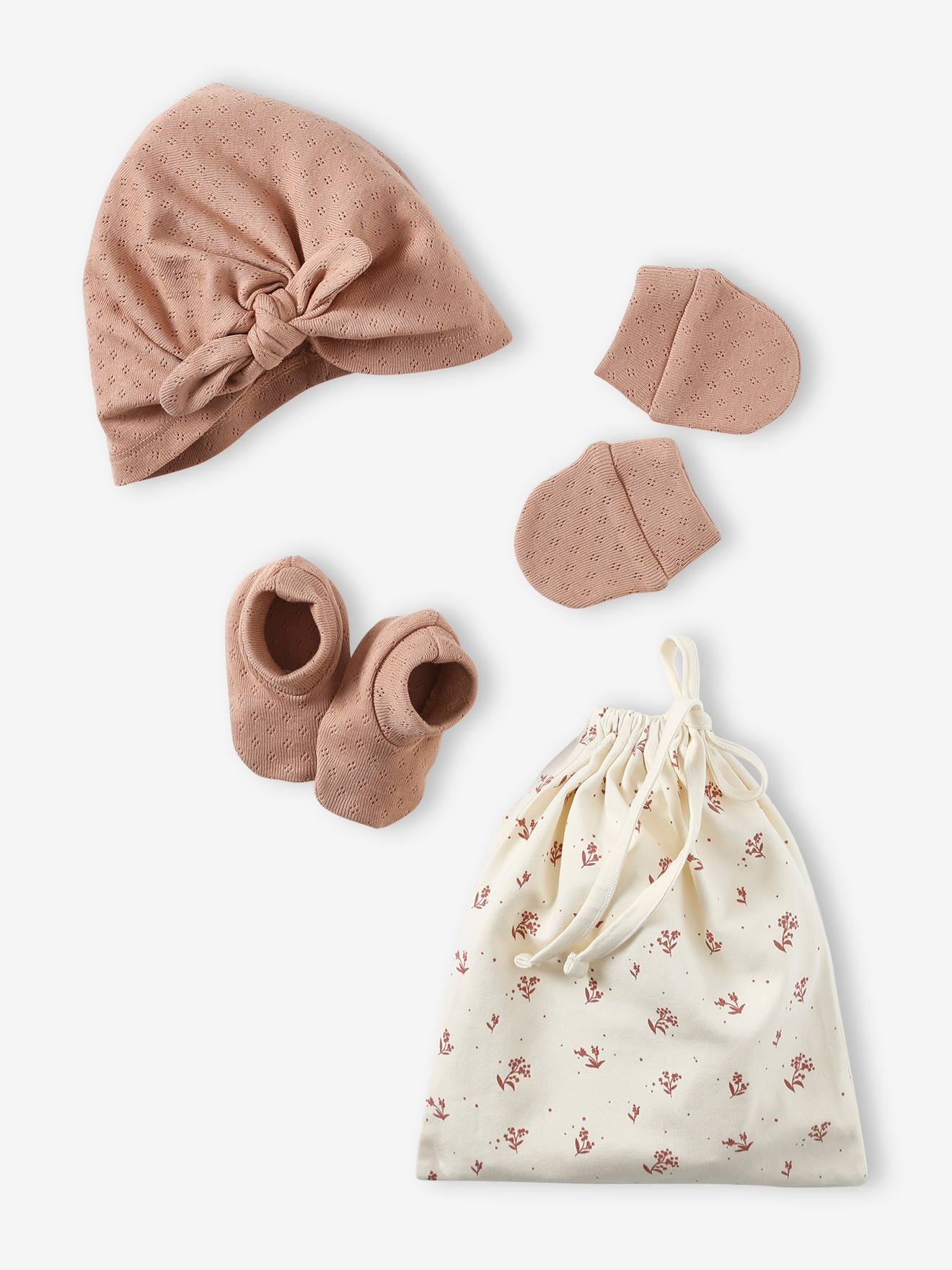 Ensemble naissance fille bonnet + moufles + chaussons + pochon cappuccino