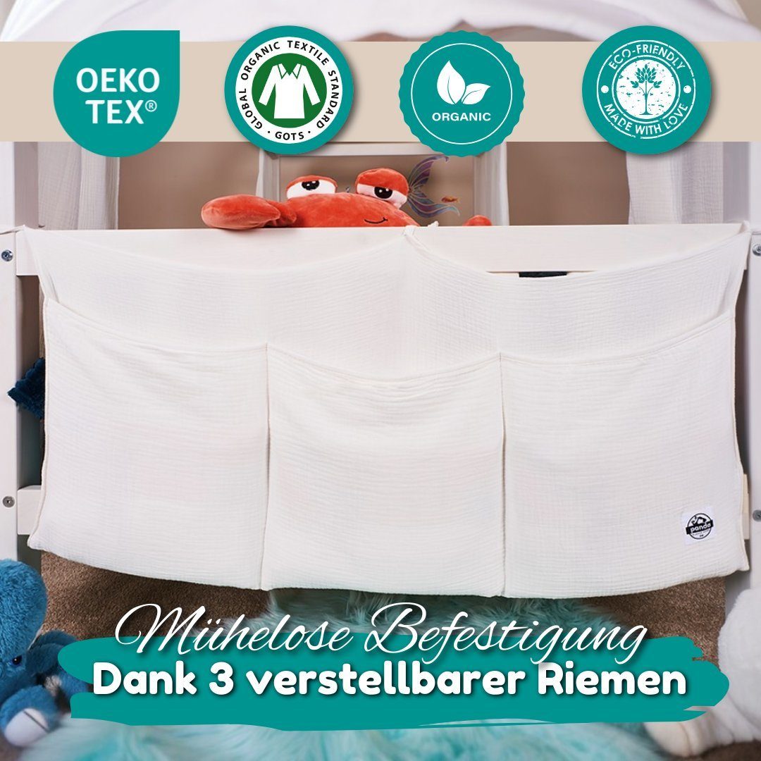 Alavya Panda Betttasche KANGOO Babybett Musselin Tasche Organizer Betttasche (Aufbewahrung für Kinderbett I Windeln Babybetttasche I Babybett Hängeorganizer Kinderzimmer), 90x38 cm Bett Organizer zum Aufhängen von Windeln Kinder Spielzeug