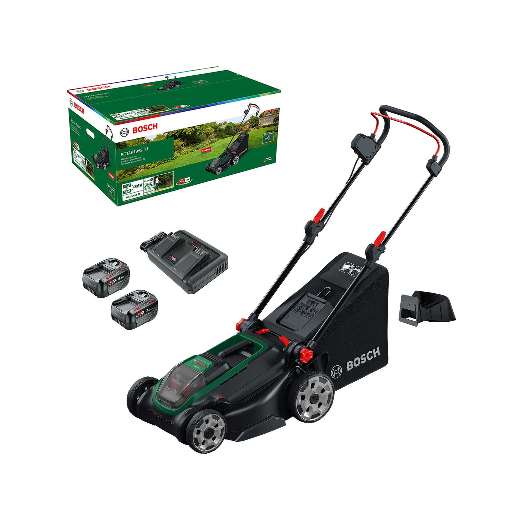 Akumulátorová sekačka Bosch Green 06008B9L00 Rotak 18V2-43, 2x 18V 4,0Ah baterie, nabíječka AL 2x18V-88 a mulčovací zástrčka v krabičce