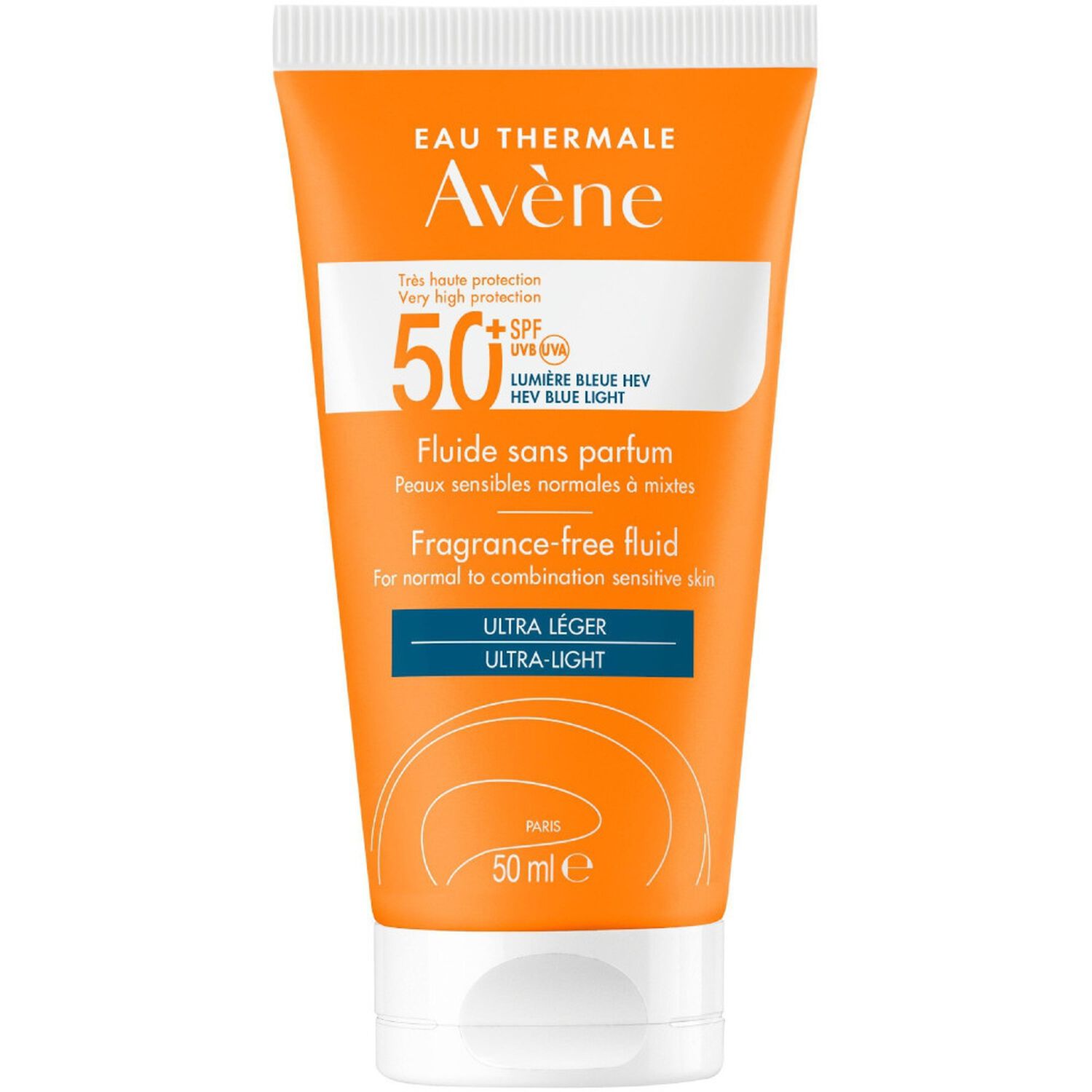 Eau Thermale Avène Solaire SPF50+ Fluide Visage Peaux Sensibles Normales à Mixtes - Sans Parfum, 50ml