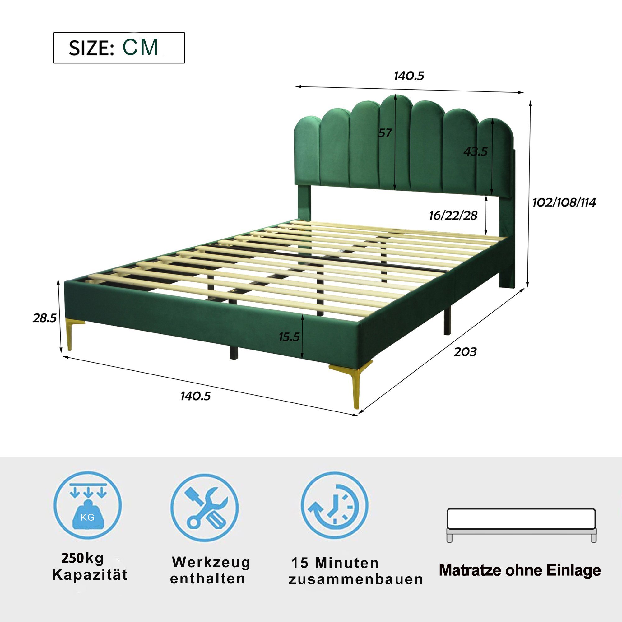 HAUSS SPLOE Polsterbett Polsterbett Funktionsbett Bettrahmen KInderbett Doppelbett (hautfreundlichem Samtstoff, Bettgestell mit Kopfteil und Lattenrost), ohne Matratze