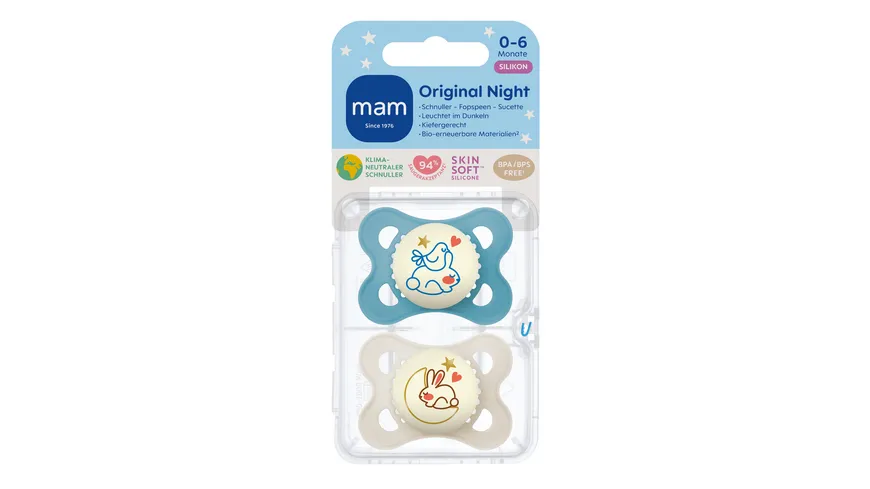 MAM Original Night, Silikon, 0-6 M., 2 Stk., Hase/Mond