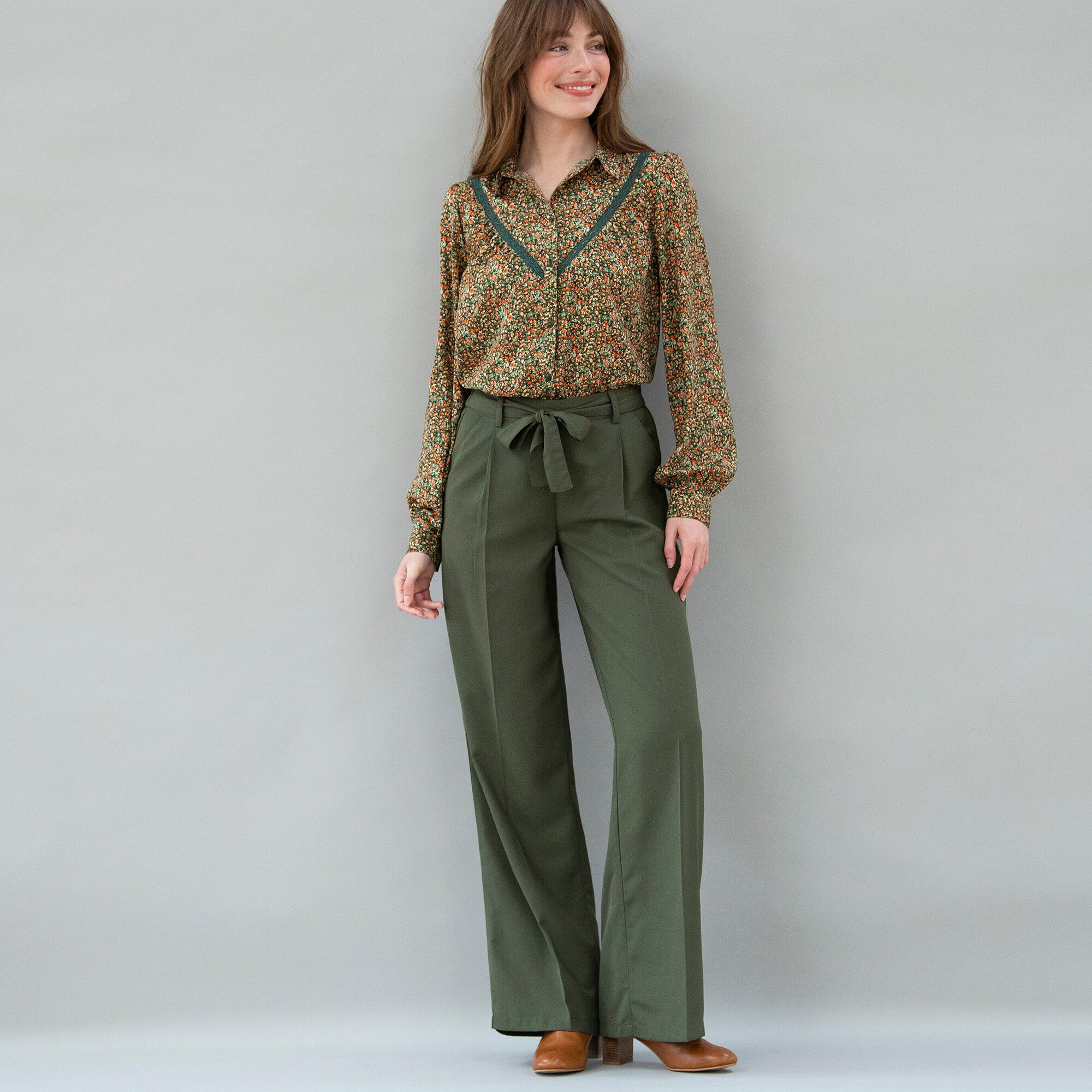 Pantalon large fluide, taille ceinturée, uni