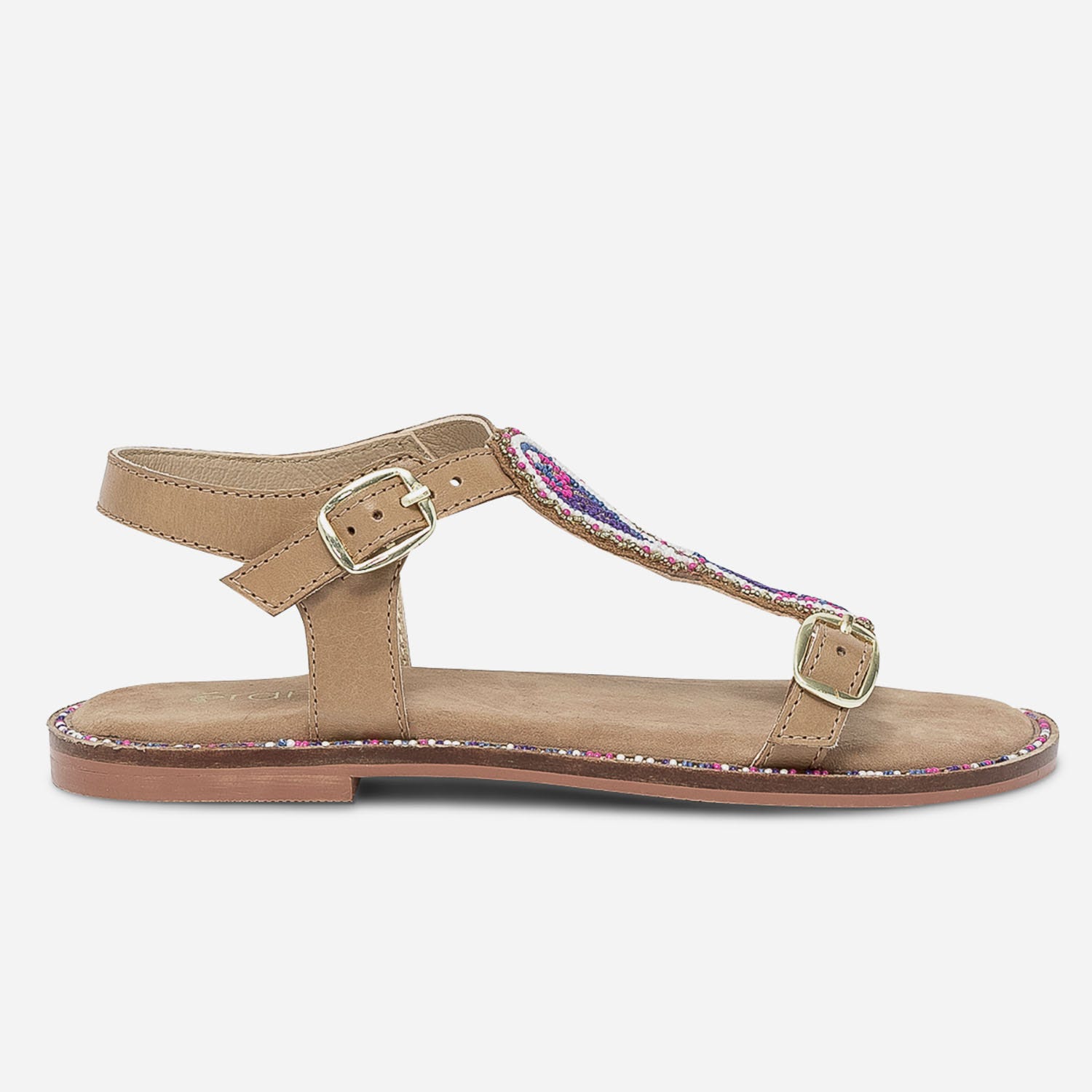 Sandale camel en cuir à plastron perlé