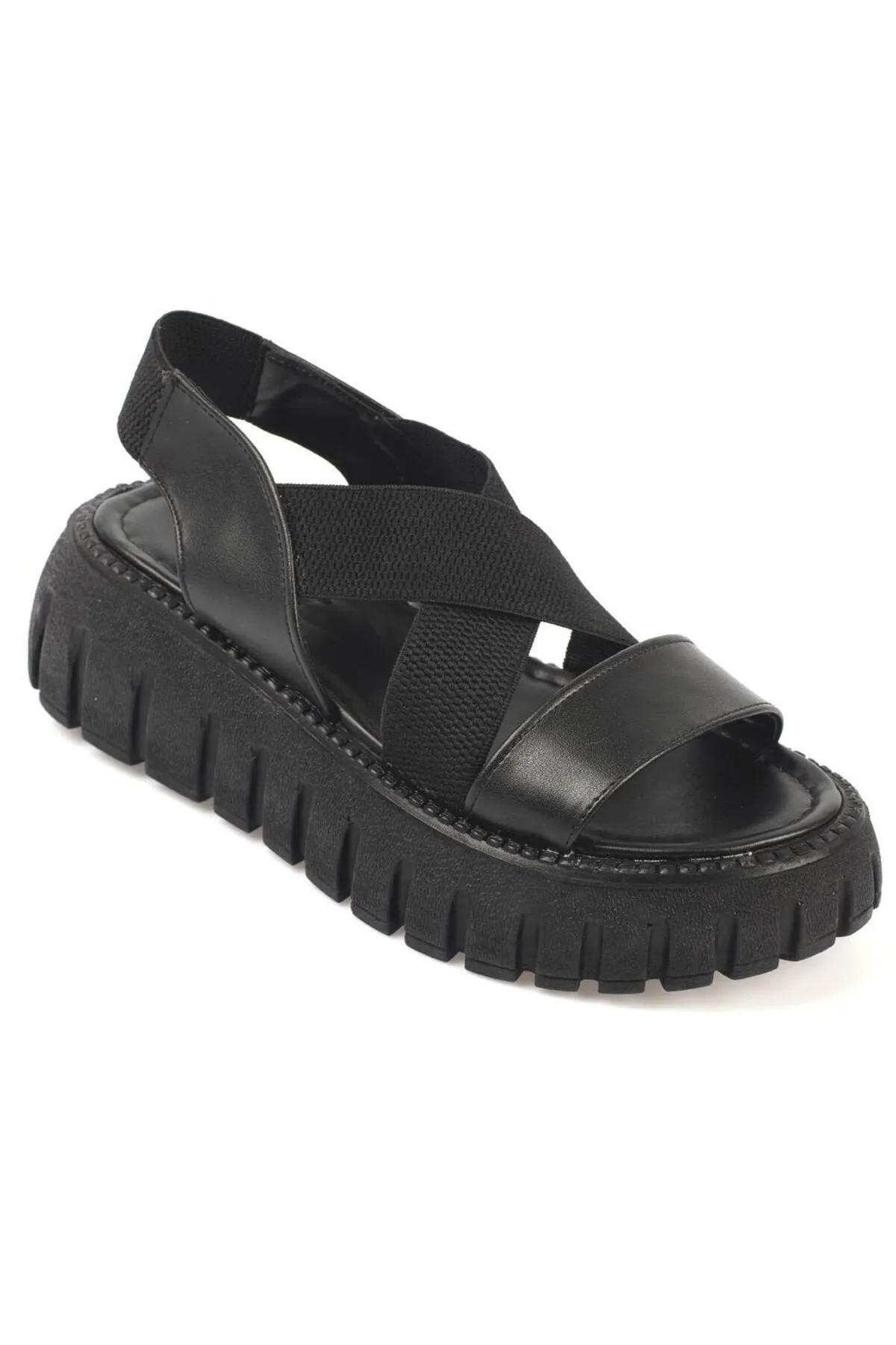 Capone Outfitters  Capone Damen-Sandalen mit runder Zehenpartie und überkreuztem Gummiband mit Trac-Sohle und Keilabsatz in Schwarz